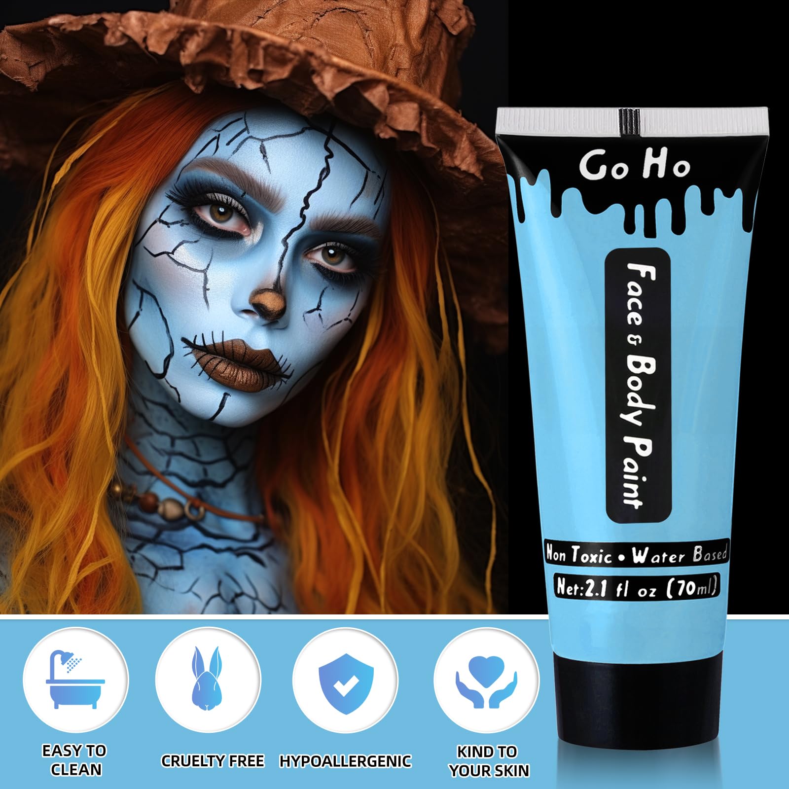 Go Ho Light Blue Body Paint Washable(2.37 Oz,70 Ml),Water Based Cream Pale Blue Face Paint,Blue Face Body Paint For Sfx Cosplay