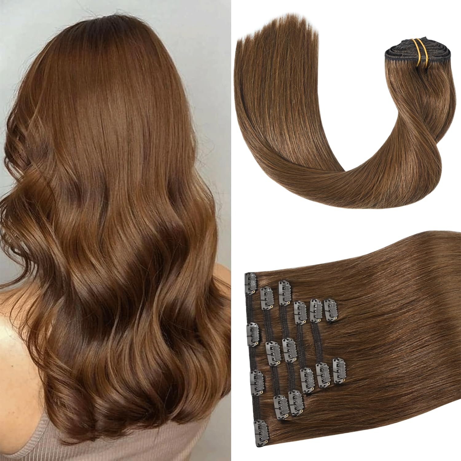 Aison Light Brown Hair Extensions Clip in Human Hair 7pcs Remy Hair 16clips for Women #6 Chestnut Brown Hair Extensions 14 Inch 