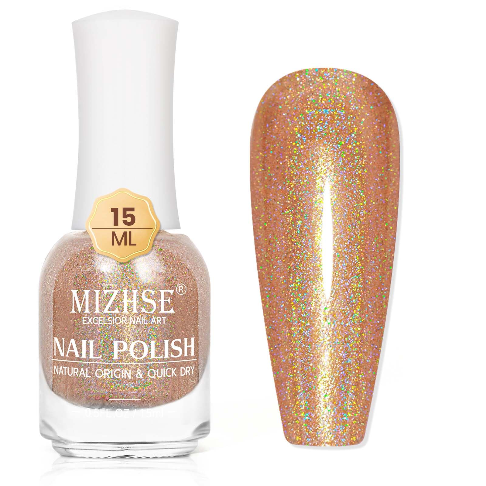 MIZHSE Holographic Nail Polish, Light Brown Shimmery Nail Polish Non Gel, Air Dry Fast Glossy Shiny Nail Pigment Oil-based Laser