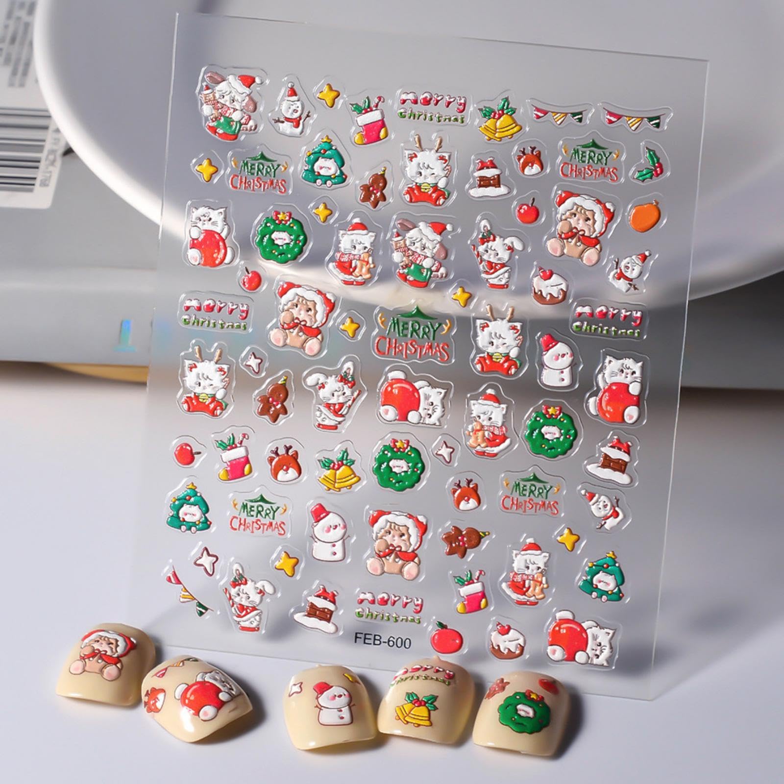 Christmas Nail Art Stickers 5D Embossed Snowman Nail Stickers Self-Adhesive Snowflake Santa Claus Christmas Wreath Nail Decals F