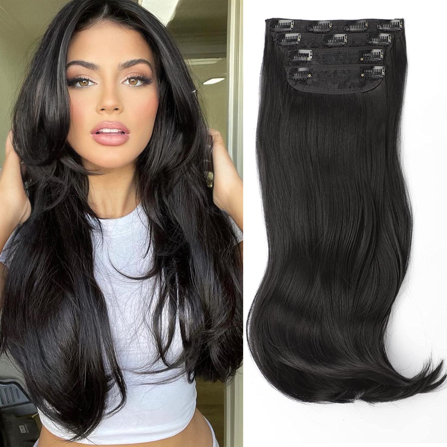 FREEMEIGE Clip in Hair Extensions,Black Hair Extensions for Women Straight Layered Hair Extensions Synthetic Heat Resistant Long
