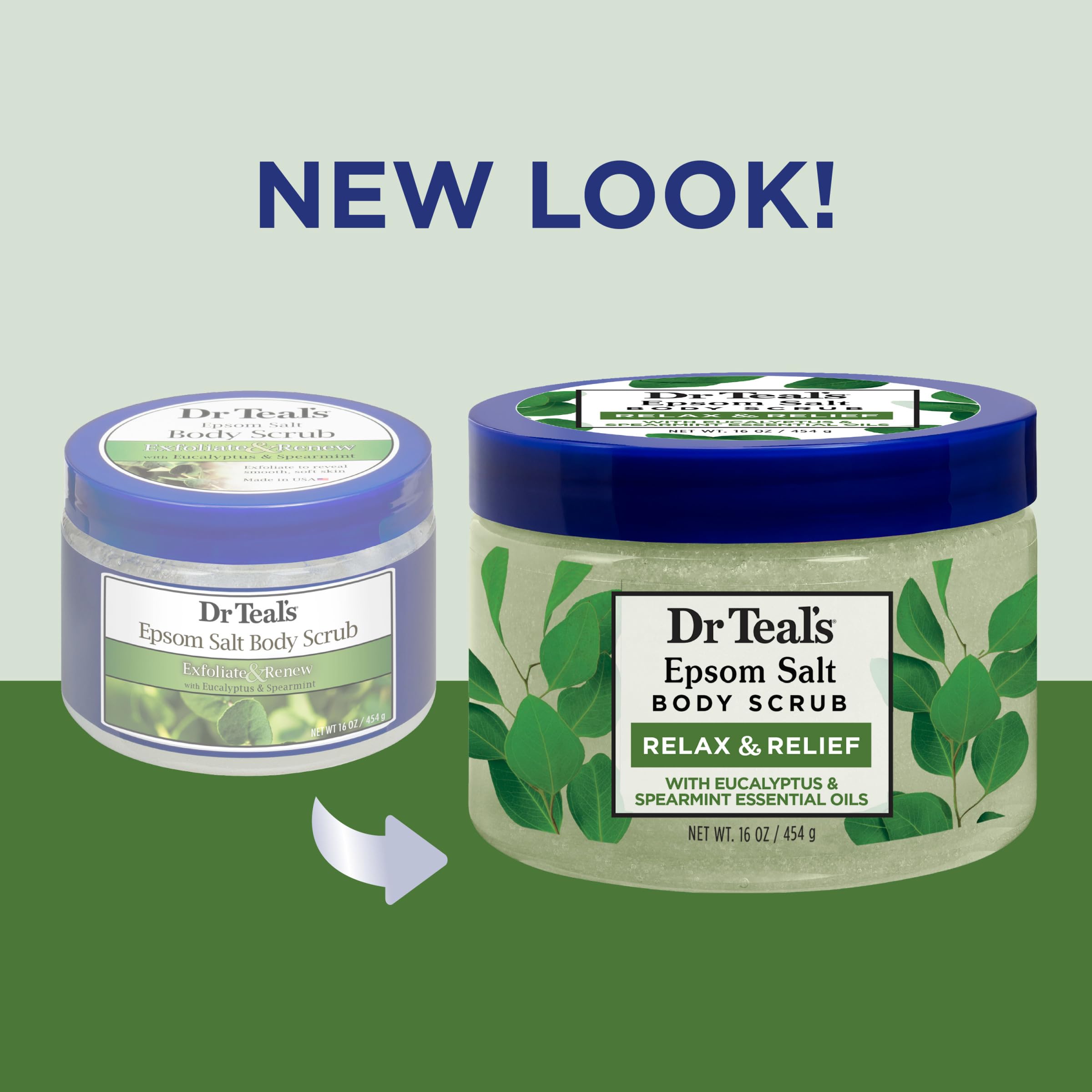 Dr Teal's Pure Epsom Salt Body Scrub, Relax & Relief with Eucalyptus & Spearmint Essential Oils, 16 oz (Pack of 3) (Packaging Ma