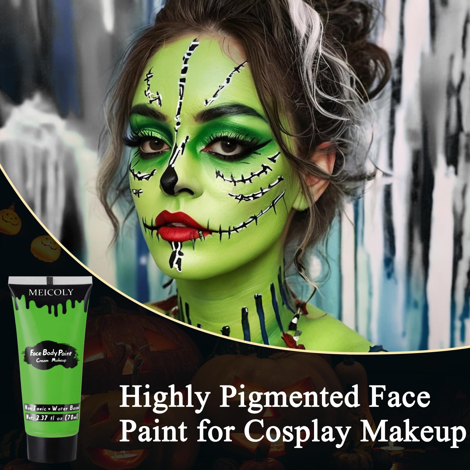 Meicoly Christmas Makeup Kit,Christmas Green Face Paint Makeup,Wicked Witch Cosplay,Lime Green Face Paint+White Face Paint Stick