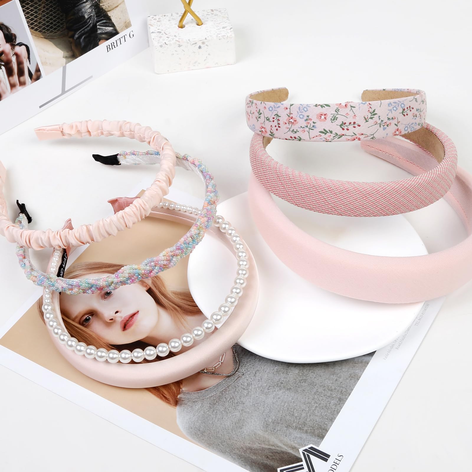 WOVOWOVO 6 Pieces Headbands for Women,Non Slip Pearl Headband Flower Head Bands Cute Head Band Wide Hairbands for Girls,Pink Hai