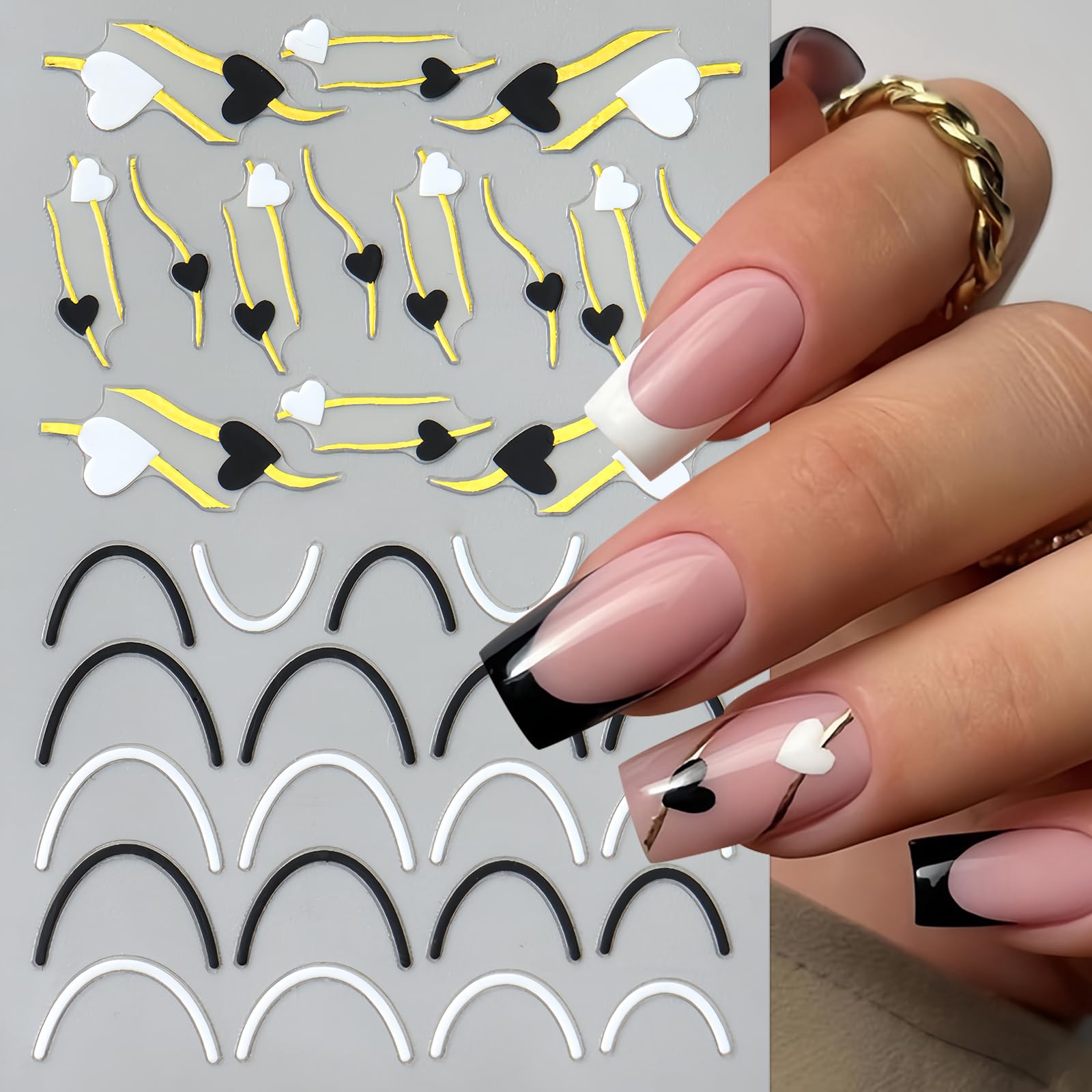 8Sheets Valentines Heart Bear Nail Stickers Gold Line Heart Nail Decals 3D Self-Adhesive Red Glitter Heart Lips Love Heart Nail