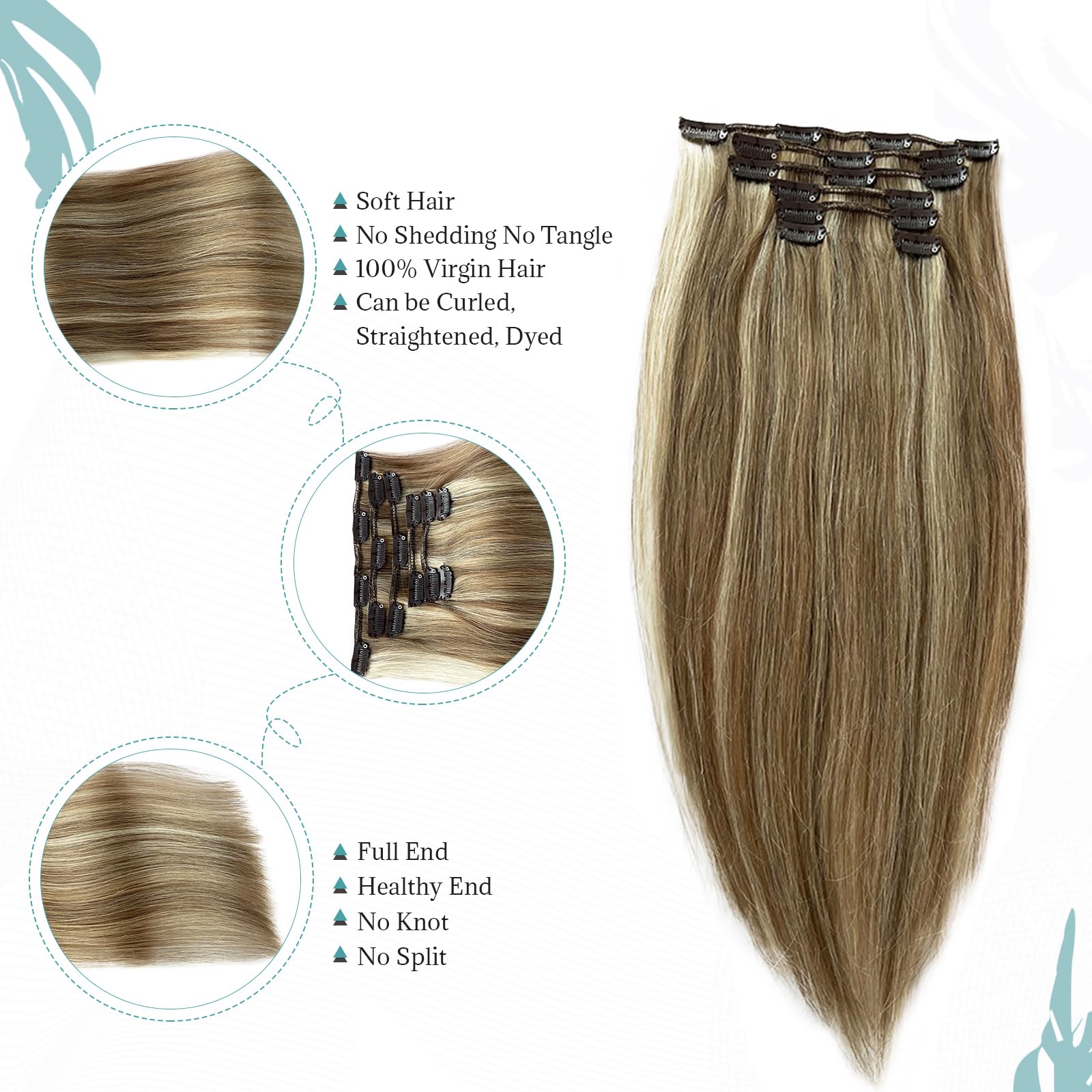 20Inch Balayage Blonde 100% Real Human Hair Clip In Extensions 70G 7Pcs Ash Brown To Beige Blonde With Platinum Blonde Highlight