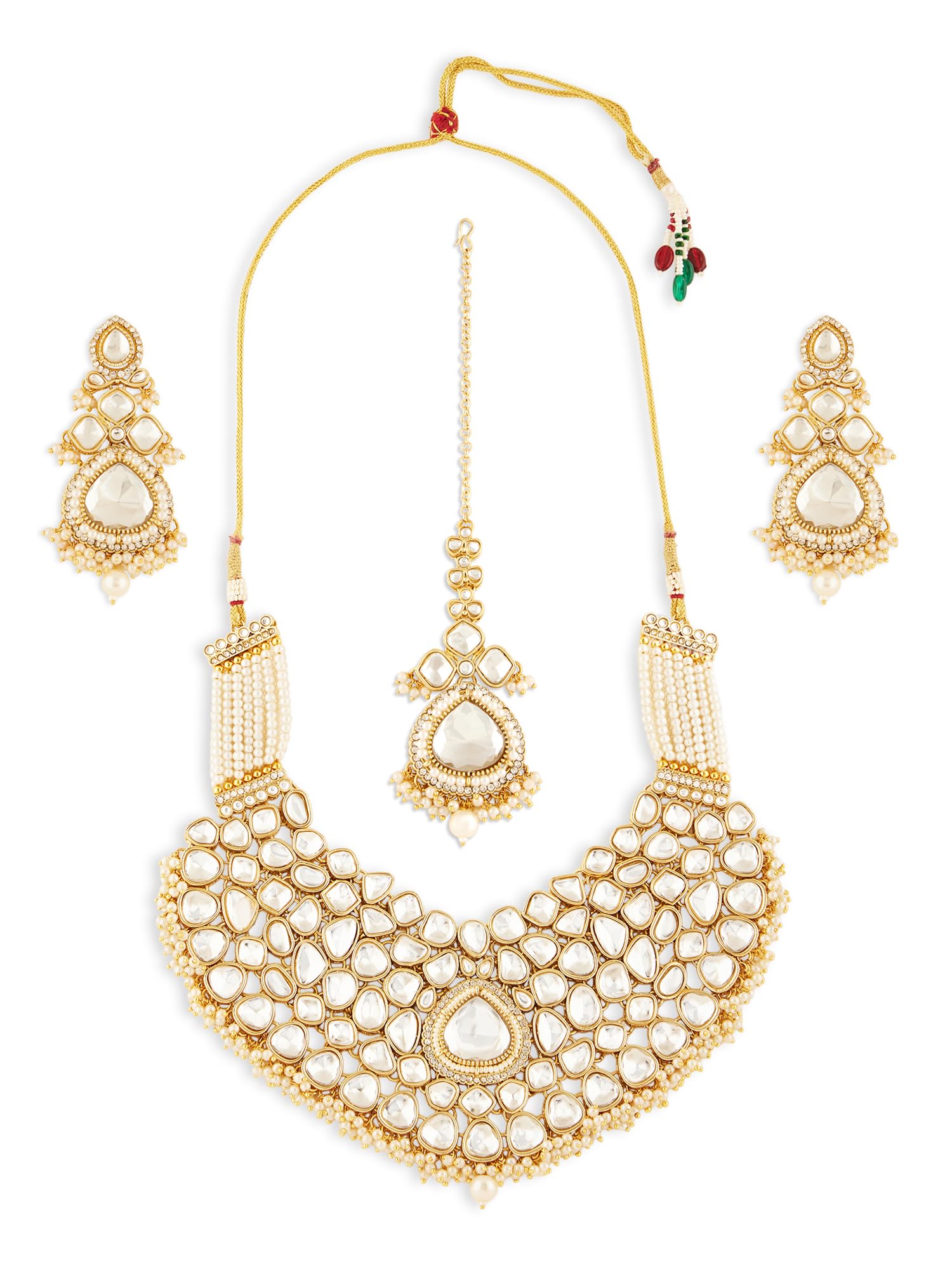 Zaveri Pearls Gold Tone Dazzling Stones & Pearls Embellished Bridal Necklace Earring & Maangtikka Set For WomenZpfk21642