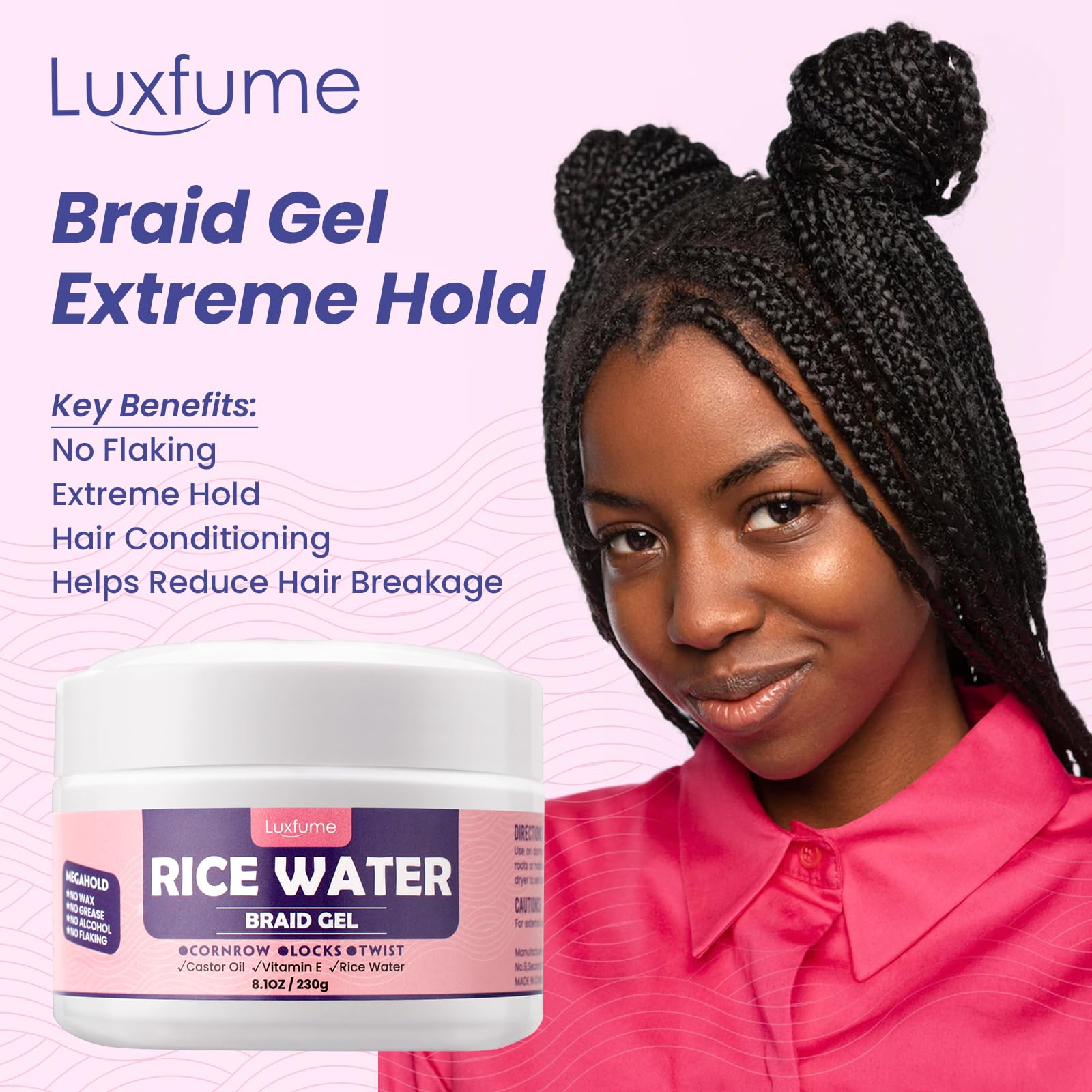 Luxfume Braiding Gel Extra Hold 8.1 Oz - Great For Braids,Twist, Locs & Smooth Edges - Braid Gel Extreme Hold Adds High Shine,Ed