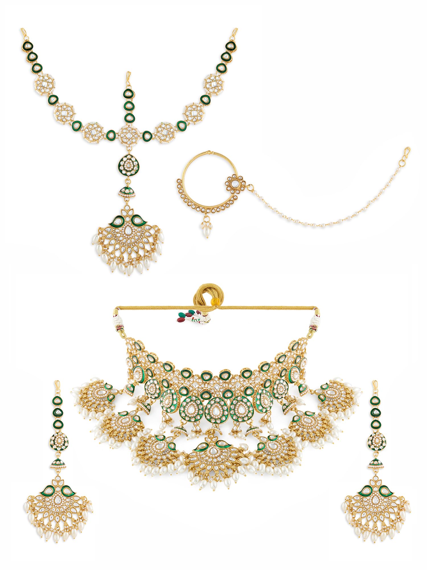 Zaveri Pearls Green Meenakari Kundan Bridal Necklace Earring Matha Patti & Nose Pin Set For WomenZpfk21274