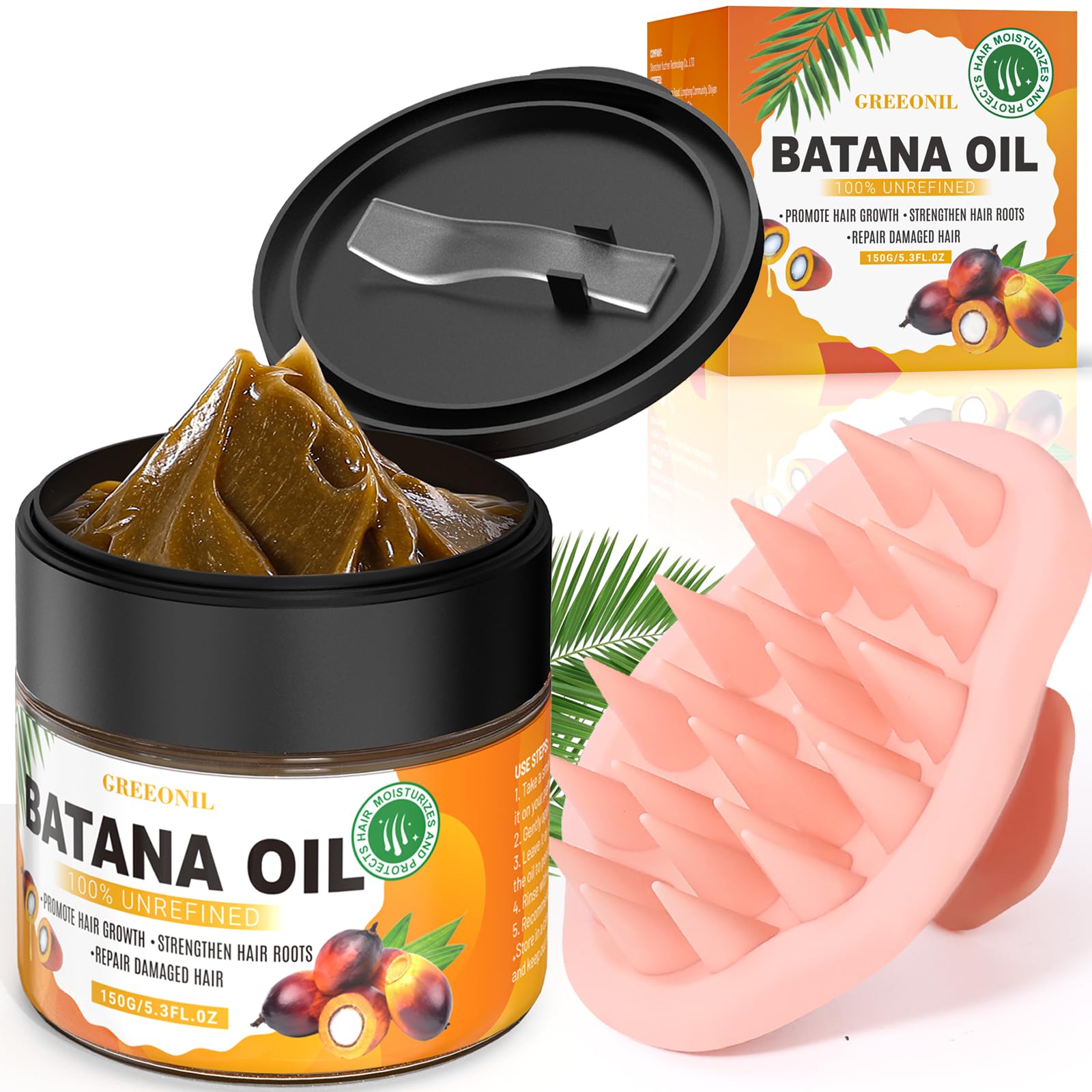 GREEONIL Batana Oil with Scalp Massager Shampoo Brush for Hair Growth, 100% Unrefined, Organic and Natural Dr Sebi Raw Batana Oi