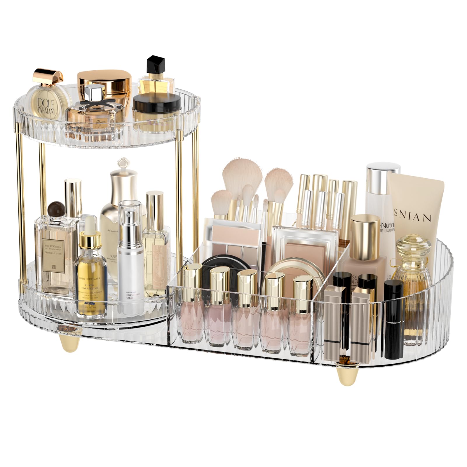 Lulltou Rotating Makeup Organizer Countertop For Vanity, 2-In-1 Cosmetic Organizer And Storage Holder, Large Desk Makeup And Ski