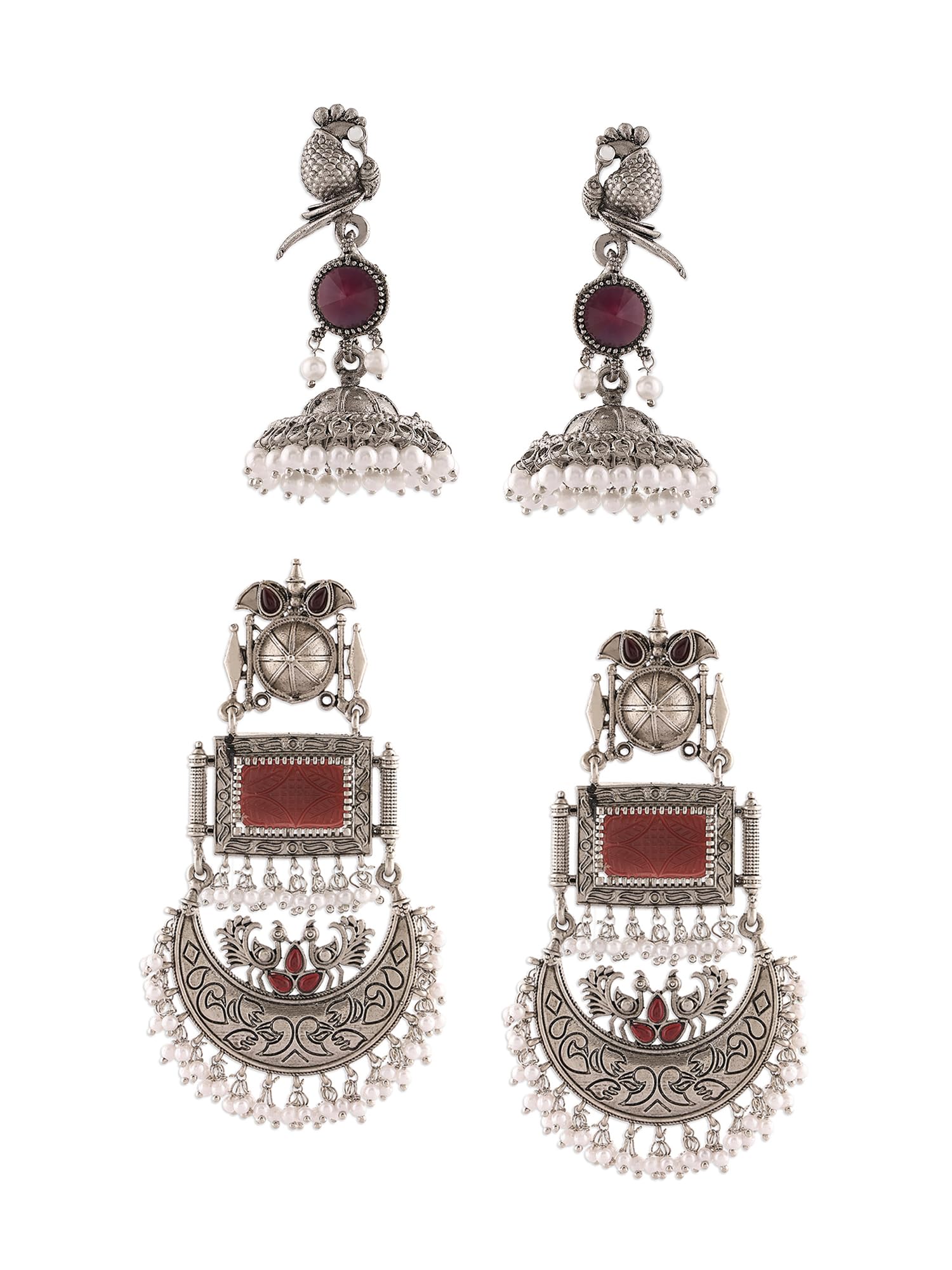 Zaveri Pearls Set Of 2 Purple & Maroon Stones Antique Statement Jhumki & Dangler Earrings For WomenZpfk17991