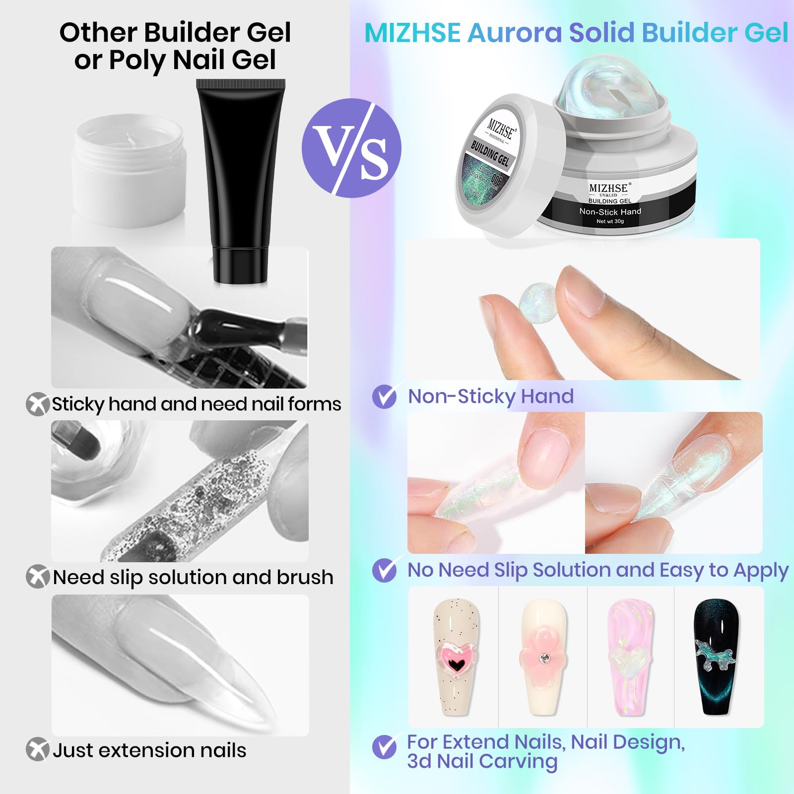Mizhse Solid Builder Gel For Nails - 2Pcs 1Oz Mermaid Pearl & Clear Hard Gel For Nails Kit With Nail Forms 3D Silicone Mold Soak