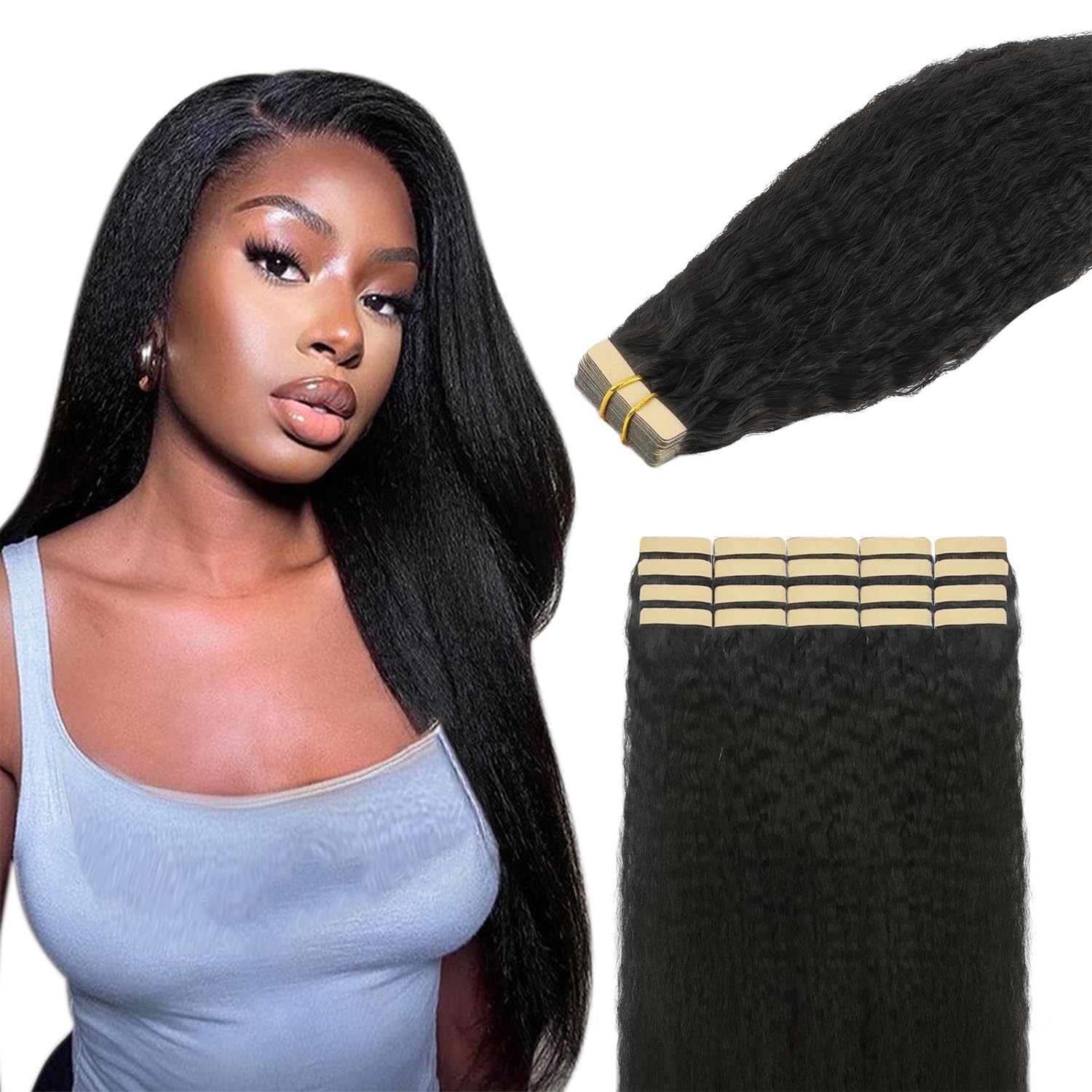 Lashey Tape In Hair Extensions Human Hair For Black Women Kinky Straight Tape In Hair Extensions Natural Black 14 Inch 50G/Pack