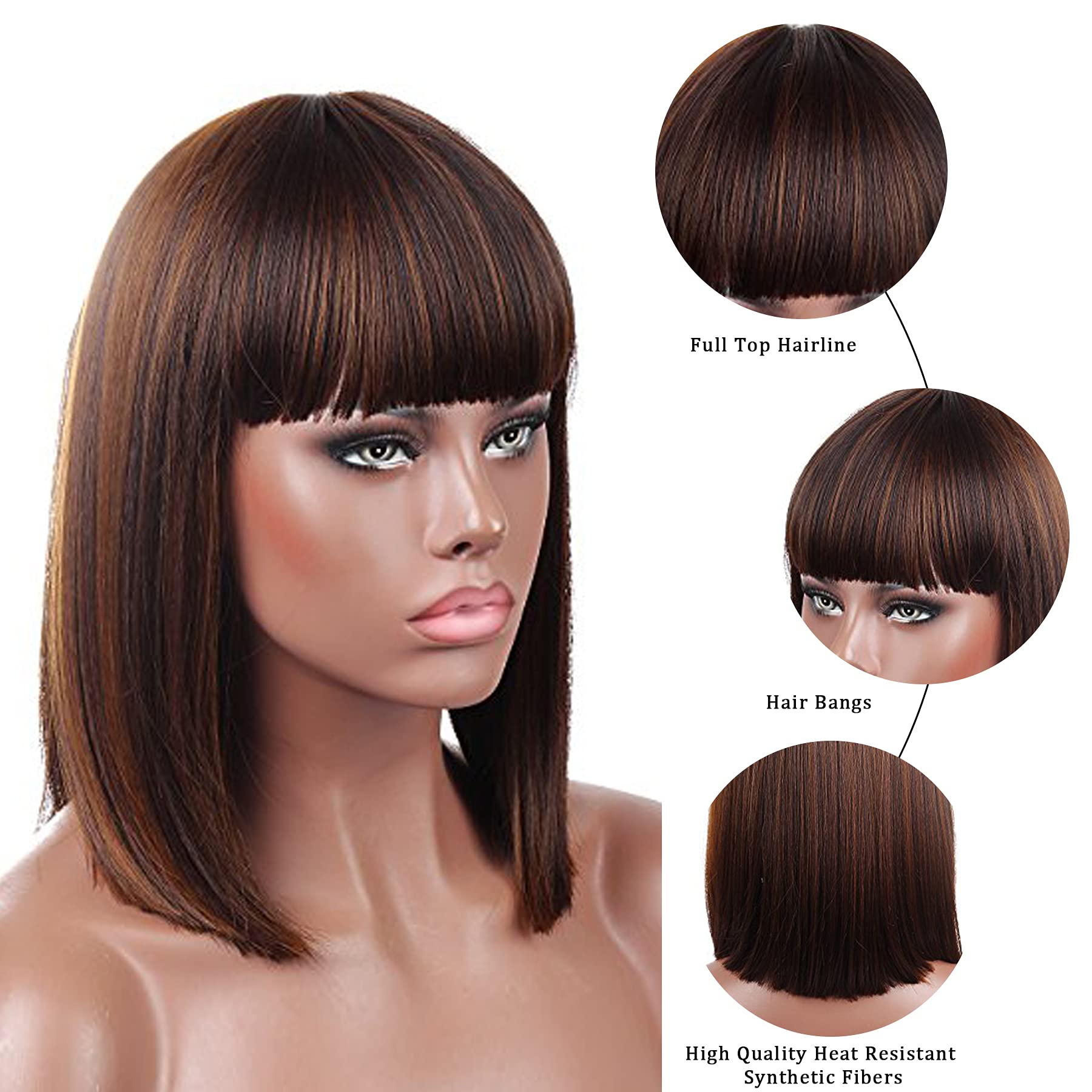 Kalyss Blunt Bob Short Hair Wigs For Women Heat Resistant Yaki Synthetic Hair Brown Highlights Women   S Wig With Hair Bangs (Br
