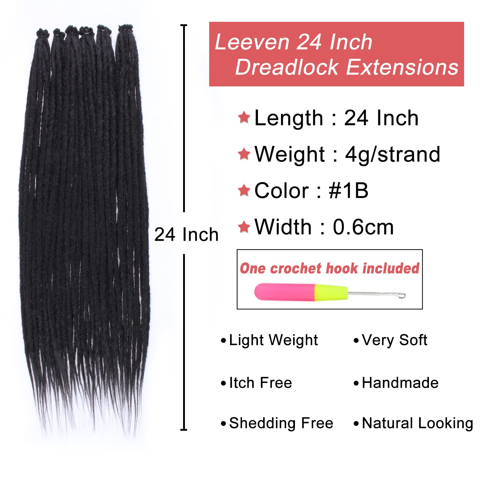 Leeven Thin 24 Inch Dreadlock Extensions 40 Strands Natural Black Soft Hippie SE Dreads 0.6 cm Width Synthetic Loc Extensions Ha