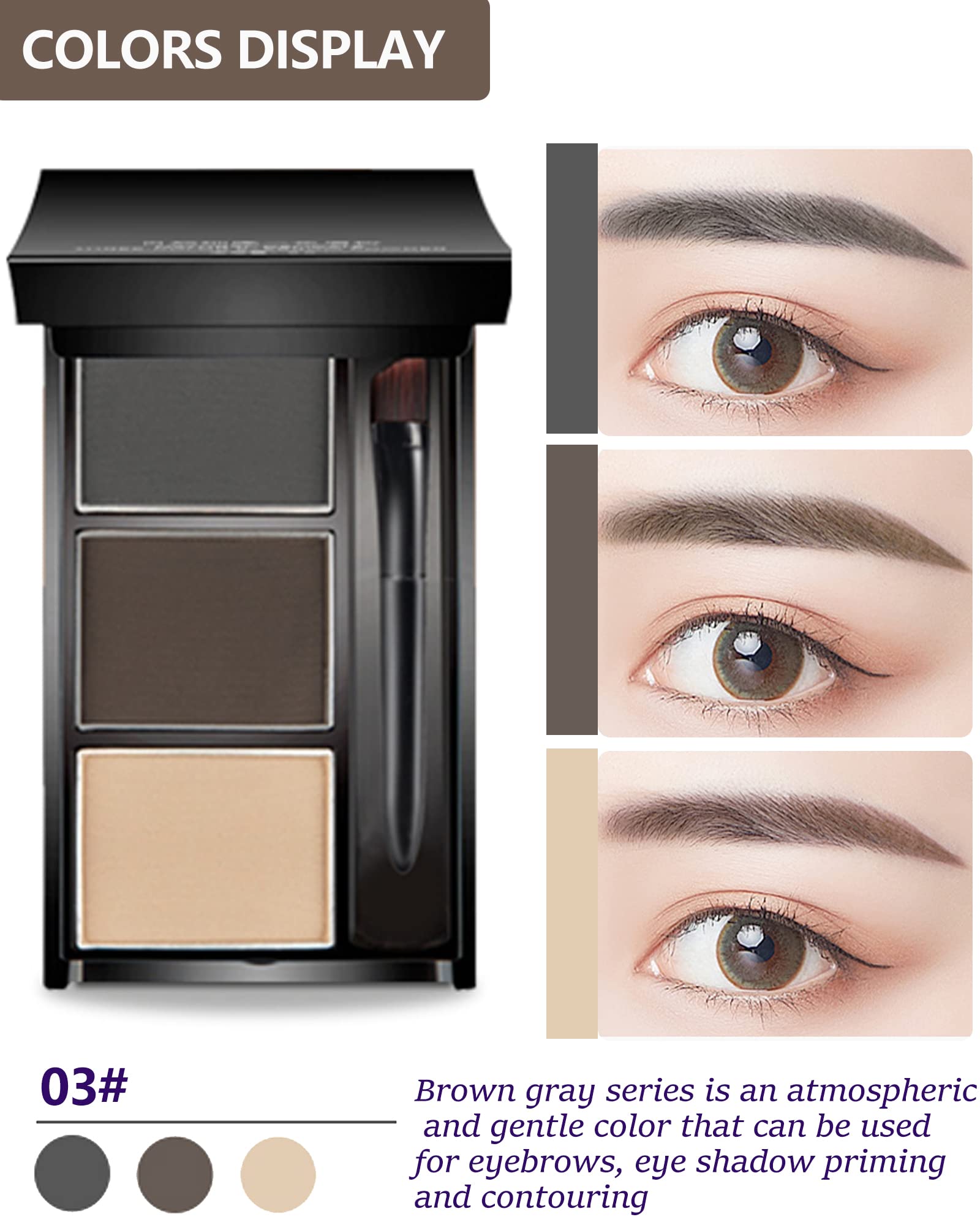Eyebrow Powder Makeup Kit-3 Colors Eye Brow Powder Palette Long-Lasting Waterproof, Grey Brown Series Brow Filler, Fill & Sculpt
