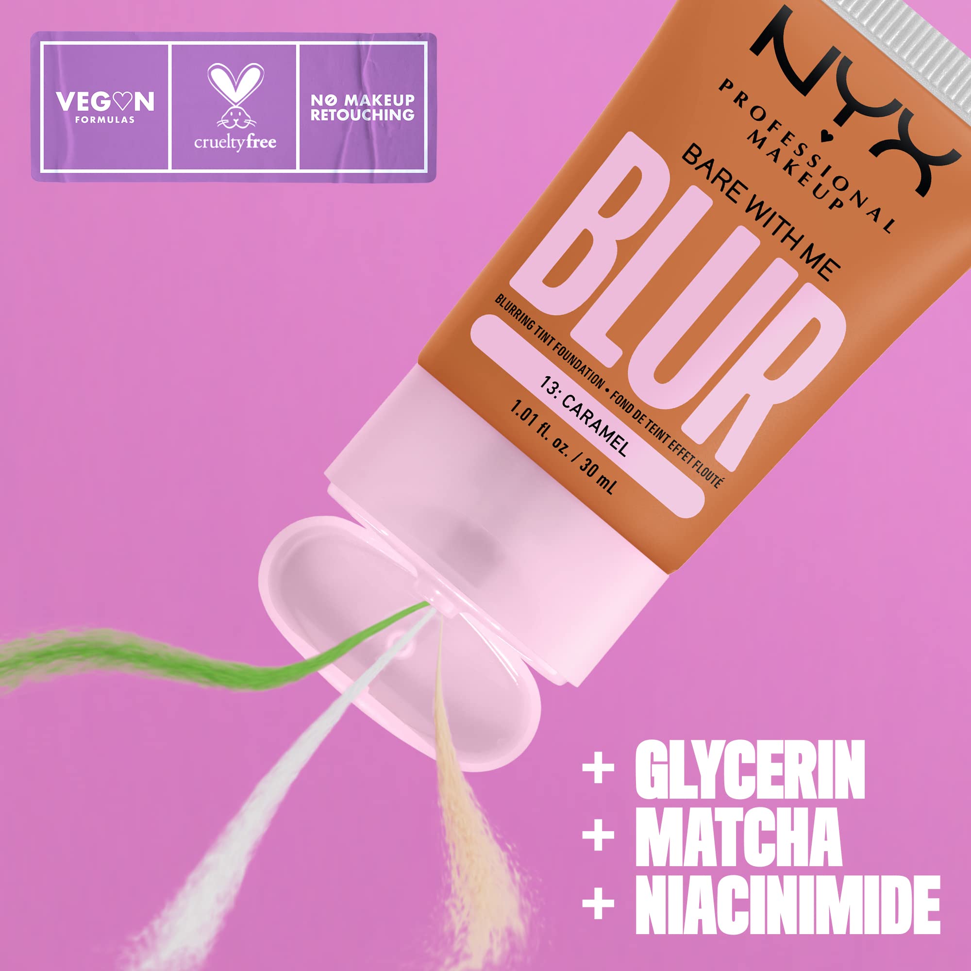 Nyx Professional Makeup Bare With Me Blur Skin Tint Foundation Make Up With Matcha, Glycerin & Niacinamide - Caramel
