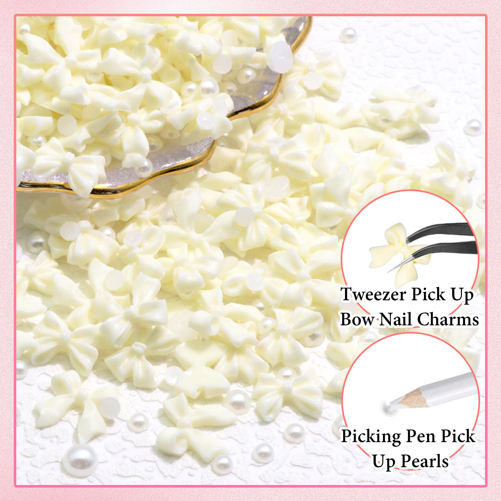 300Pcs Bow Nail Charms And Flatback Pearls,Beige Bowknot 3D Cute Nail Charms For Acrylic Nail Supplies Design,3-5Mm White Half P