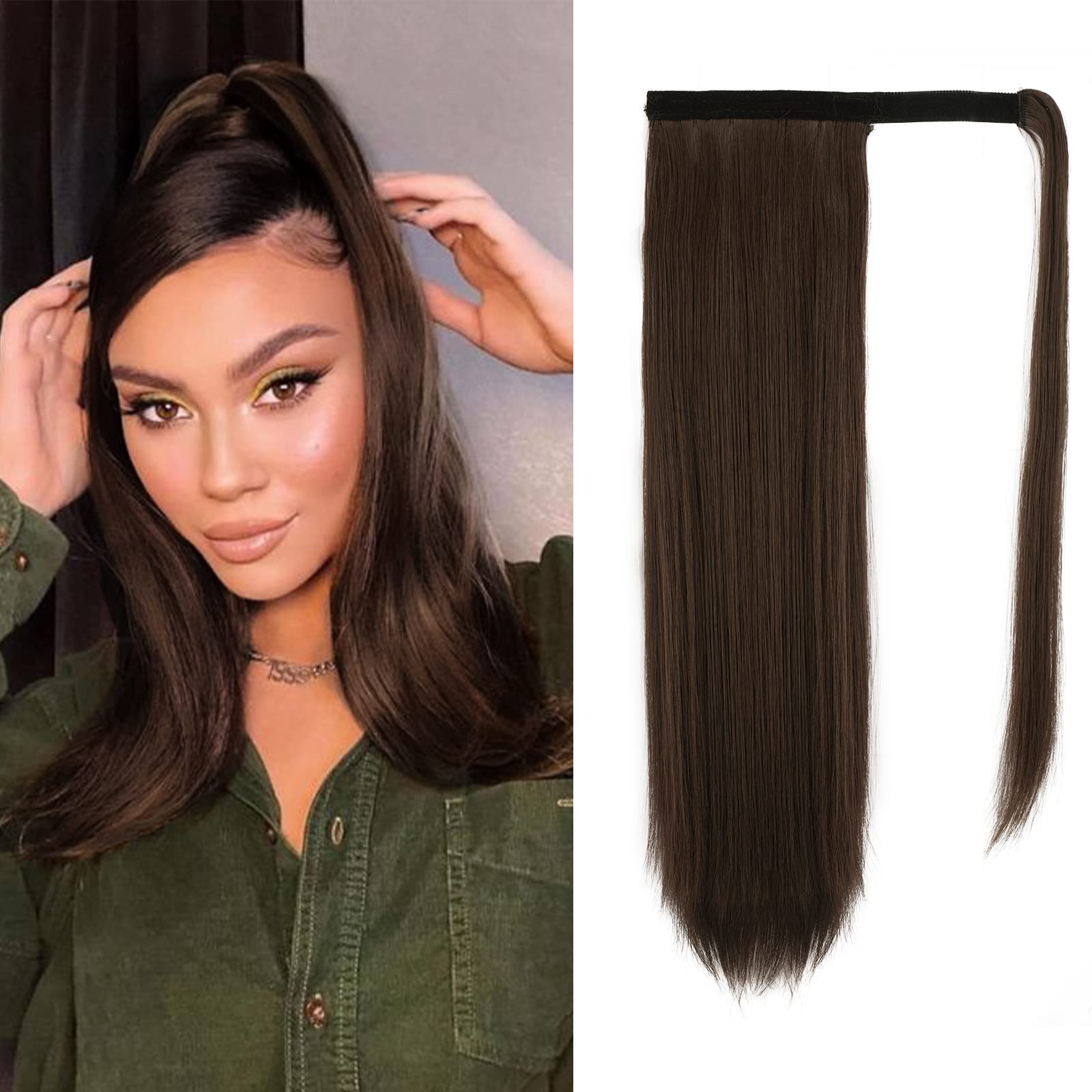 BARSDAR 18 In Ponytail Extension Long Straight Wrap Around Clip in Ponytail Hair Extensions Synthetic Brown Pony Tails Hairpiece