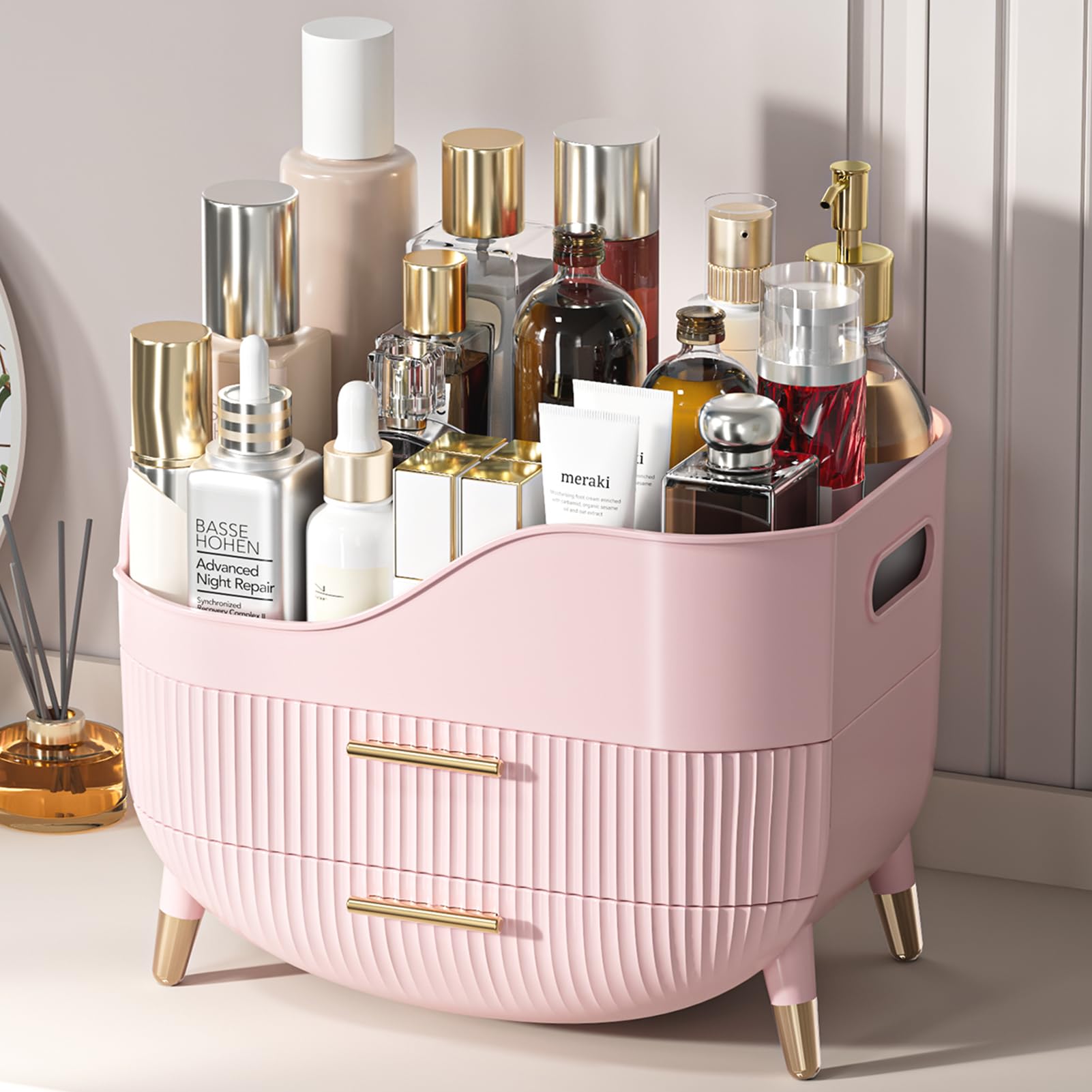 Makeup Organizer For Vanity, Large Capacity Skincare Cosmetic Organizer Countertop With 2 Drawers, Cosmetic Display Cases Makeup