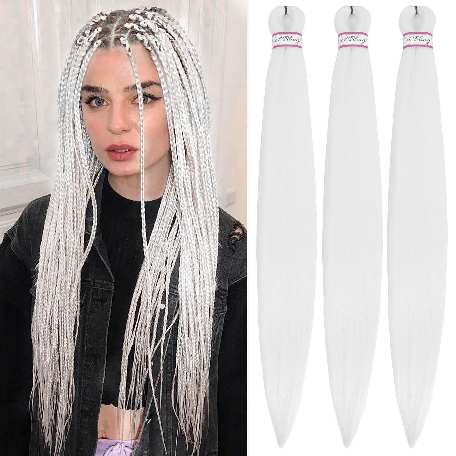 Col bling Braiding Hair Pre Stretched 28 Inch 3 Packs White Long Braid Hair Extensions for Women Box Braids Hair Pre-Stretched Y