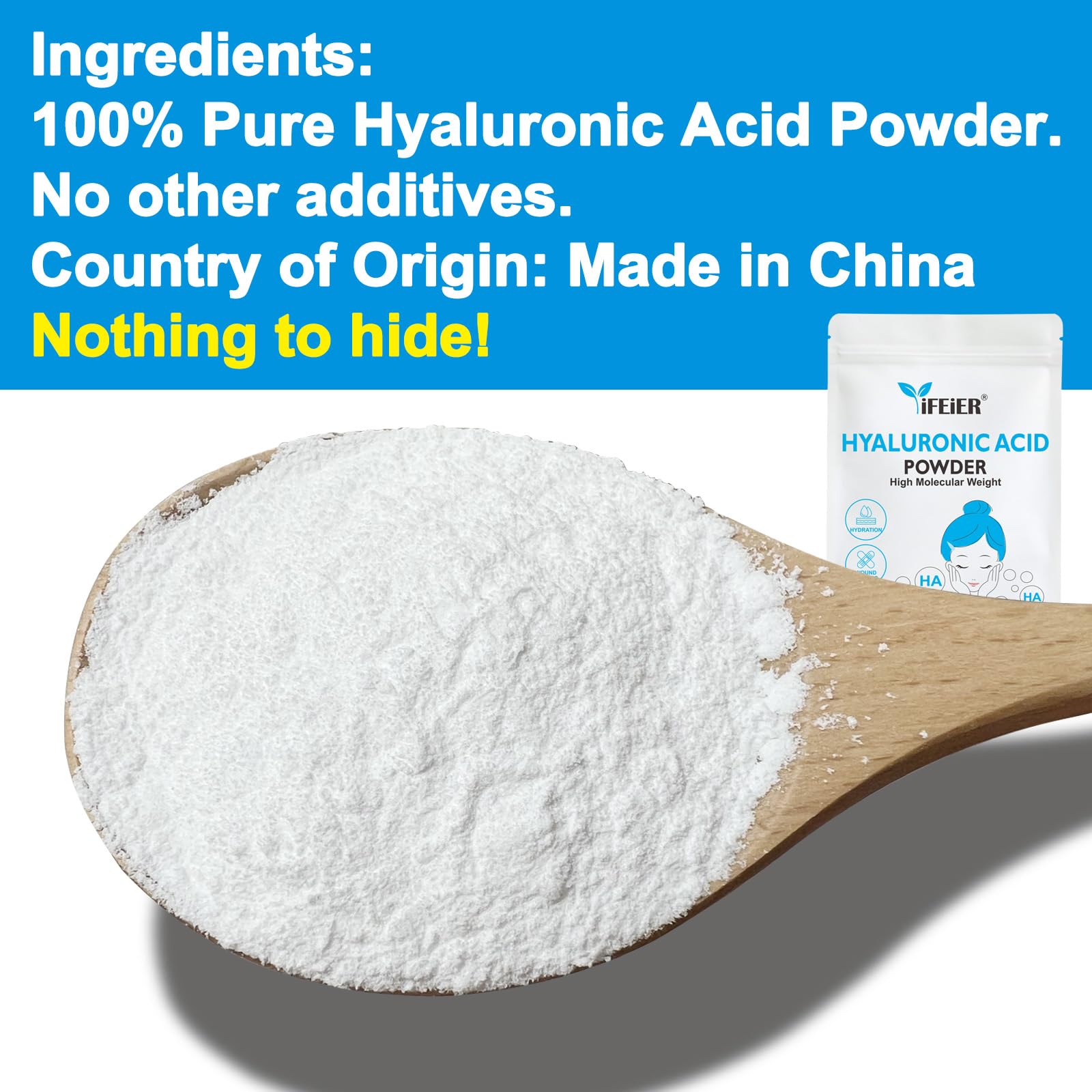 iFEiER Hyaluronic Acid Powder | High Molecular Weight Hyaluronic Acid Serum Powder | 60g(2.12oz) Cosmetics Grade | Sodium Hyalur