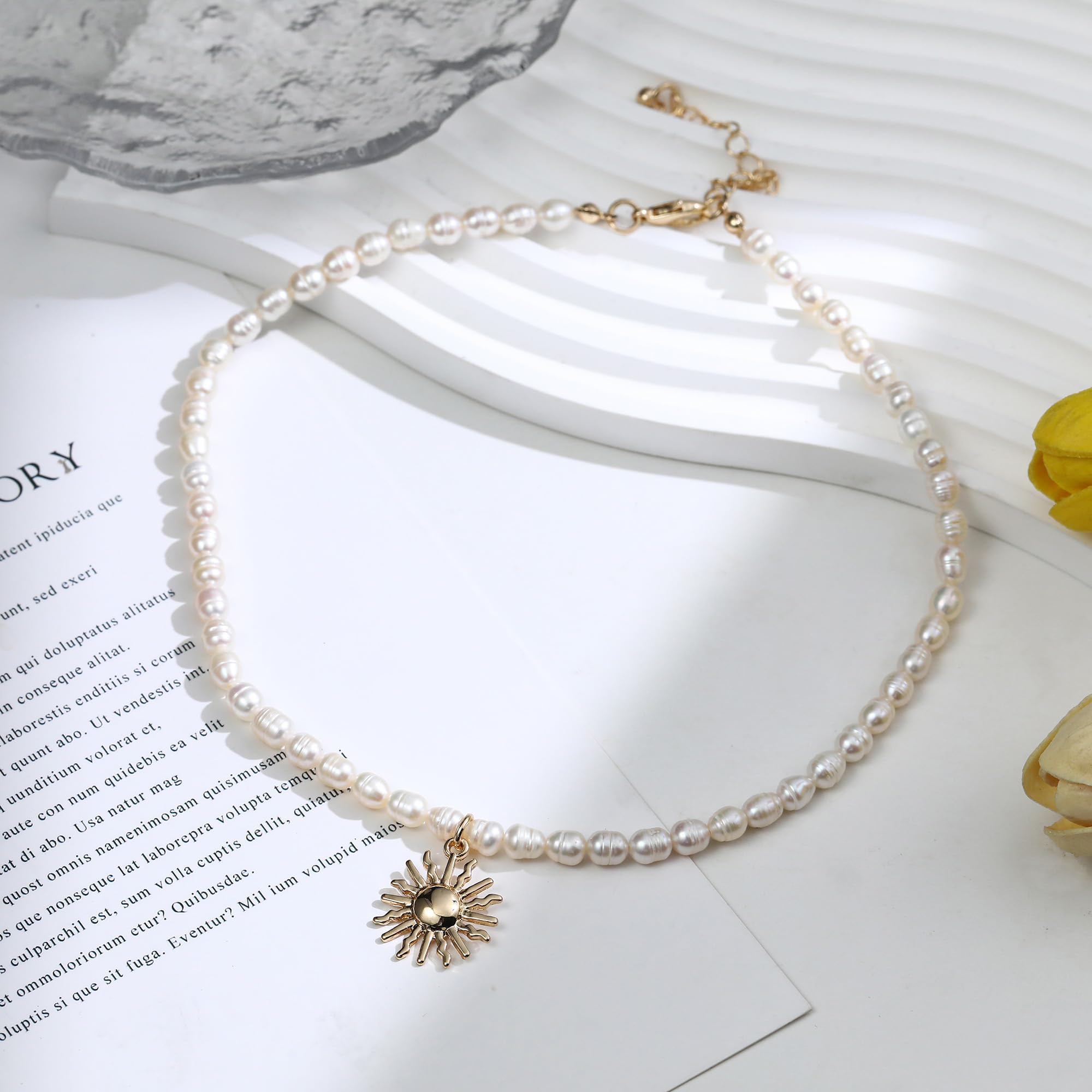 wgoud Natural Freshwater Pearl Choker Necklace for Women, Trendy 14K Gold Plated Pearl Necklaces Handmade Jewelry Gift (Sun Neck