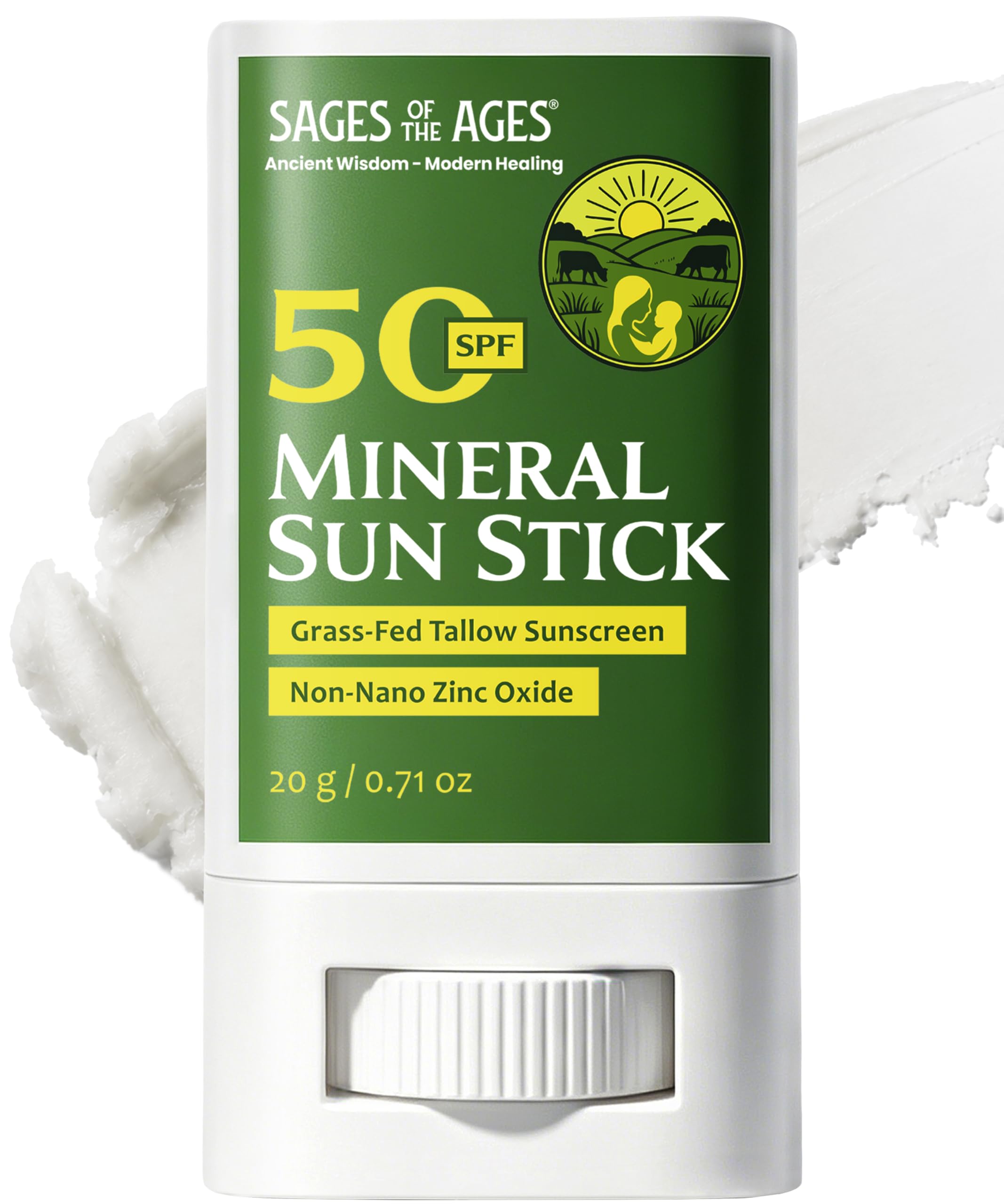 Beef Tallow Mineral Sunscreen Stick SPF 50 for Face & Body, Broad Spectrum, NonNano Zinc Oxide, No White Cast, Reef Safe, Water