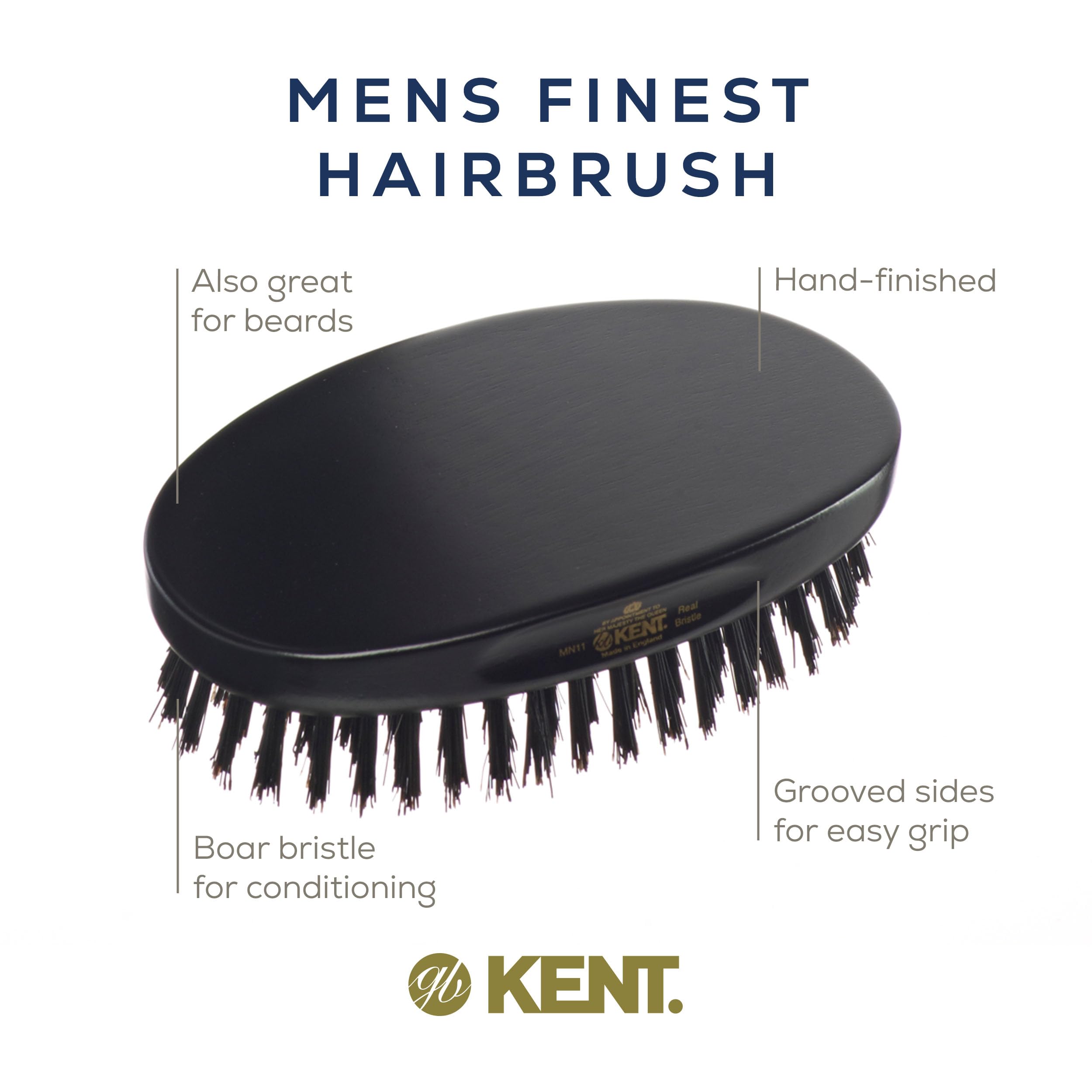Kent Mn11 Finest Men'S Hair Brush And Facial Brush For Beard Care - 100% Natural Black Boar Bristle Brush For Mens Grooming, Sca