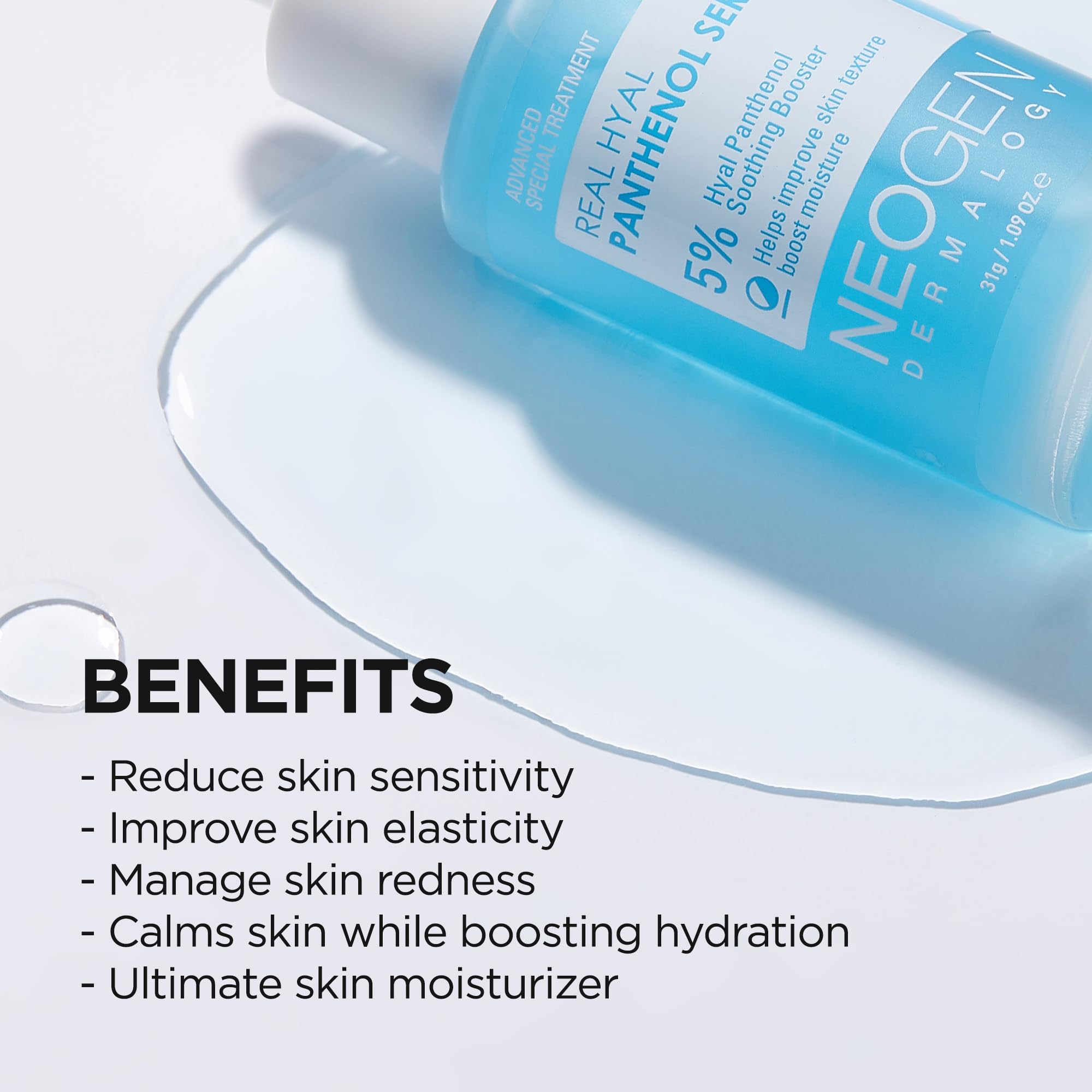 DERMALOGY by NEOGEN Real Hyal Panthenol Serum for Face with Panthenol for Instant Hydration, 8 Types of Hyaluronic Acid for Skin