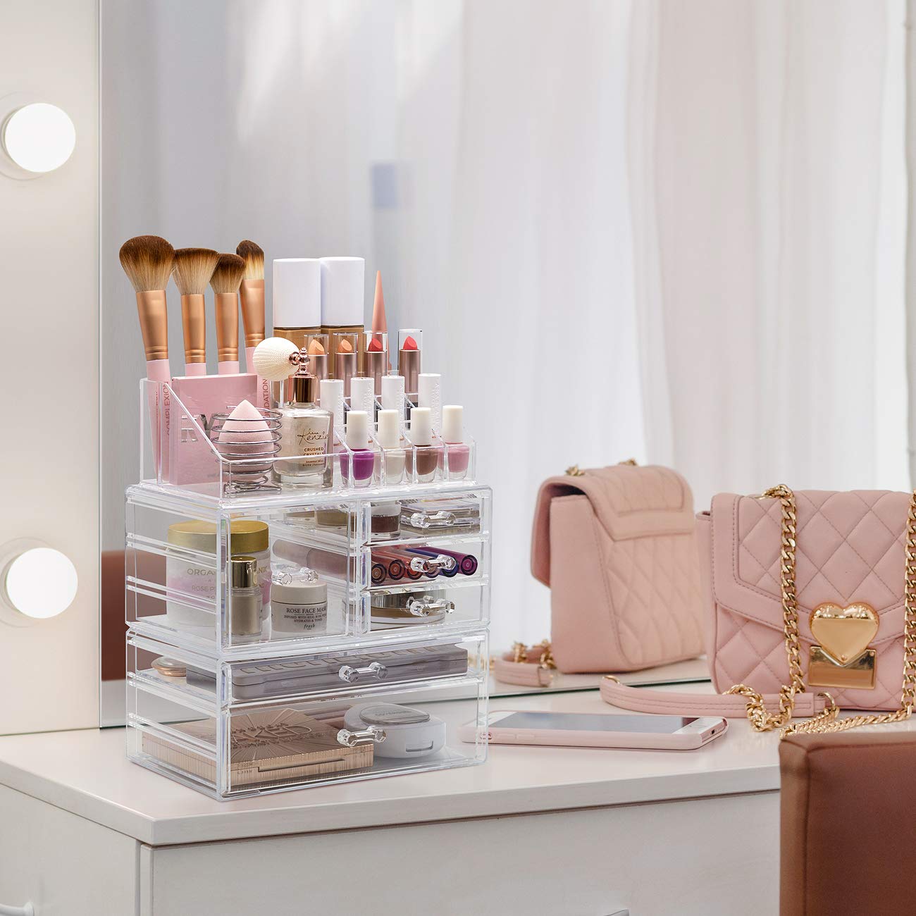 Sorbus Large Clear Makeup Organizer - Detachable 3-Piece Jewelry & Make Up Organizers And Storage Set - Spacious Cosmetic Displa