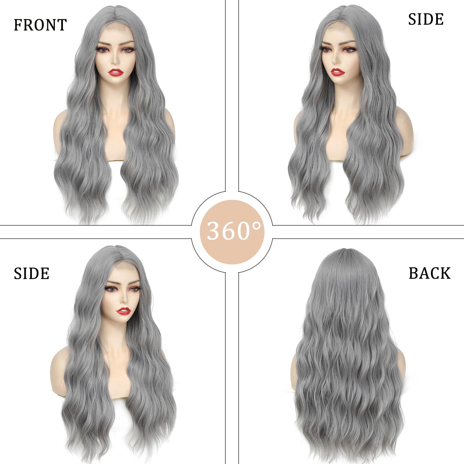 Ybymcai Grey Wig - Long Sliver Wavy Wigs For Women Middle Part Gray Wig 26 Inch Natural Curly Synthetic Wig Heat Resistant Fiber