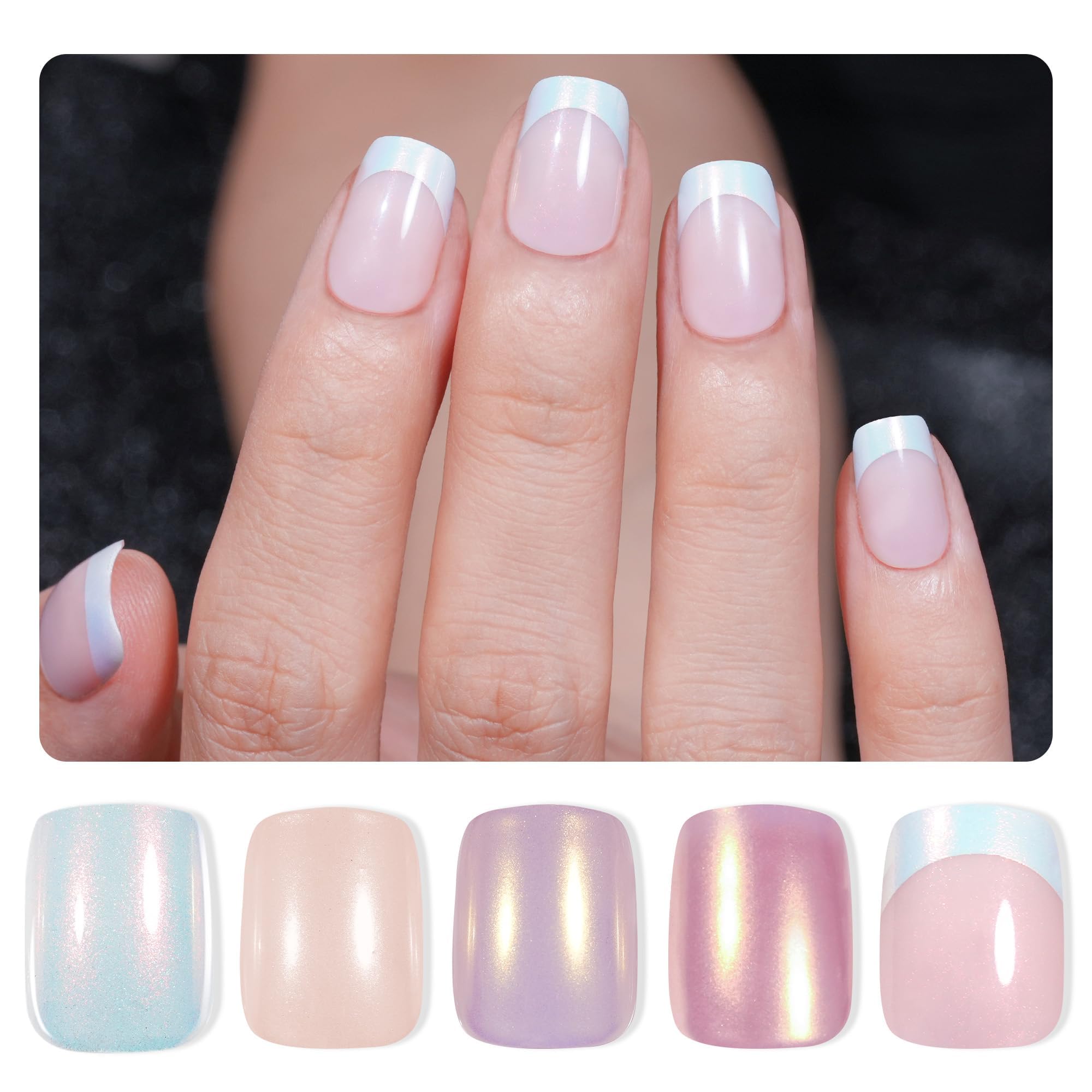 Jofay Fashion Press On Nails Short French Mermaid/Pearl/Aurora Chrome Nail Designs, Glossy Artificial Acrylic False Nails, short