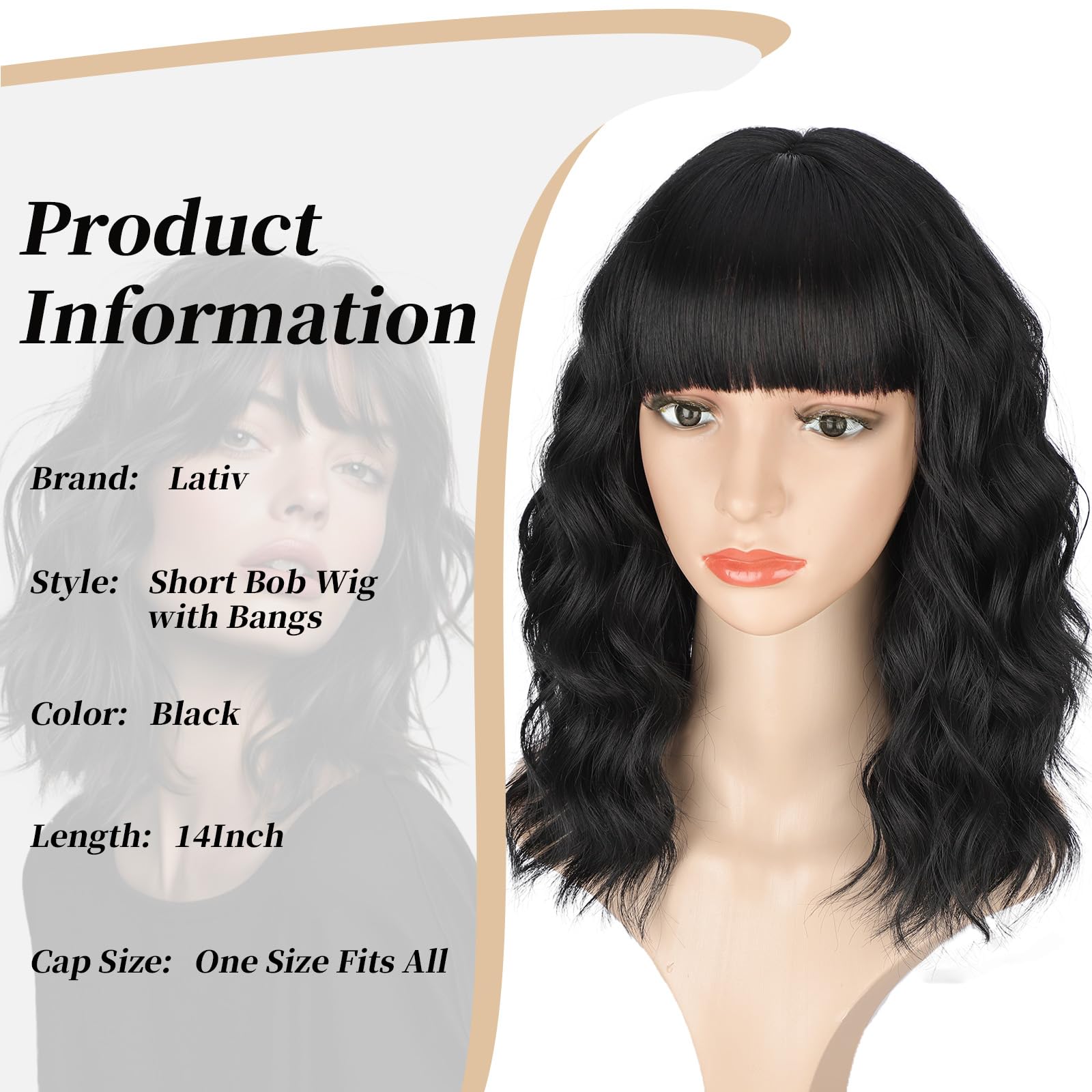 Lativ Black Wigs For Women Short Wavy Curly Bob Wig With Bangs Shoulder Length 14 Inches Synthetic Hair For Daily Party Use