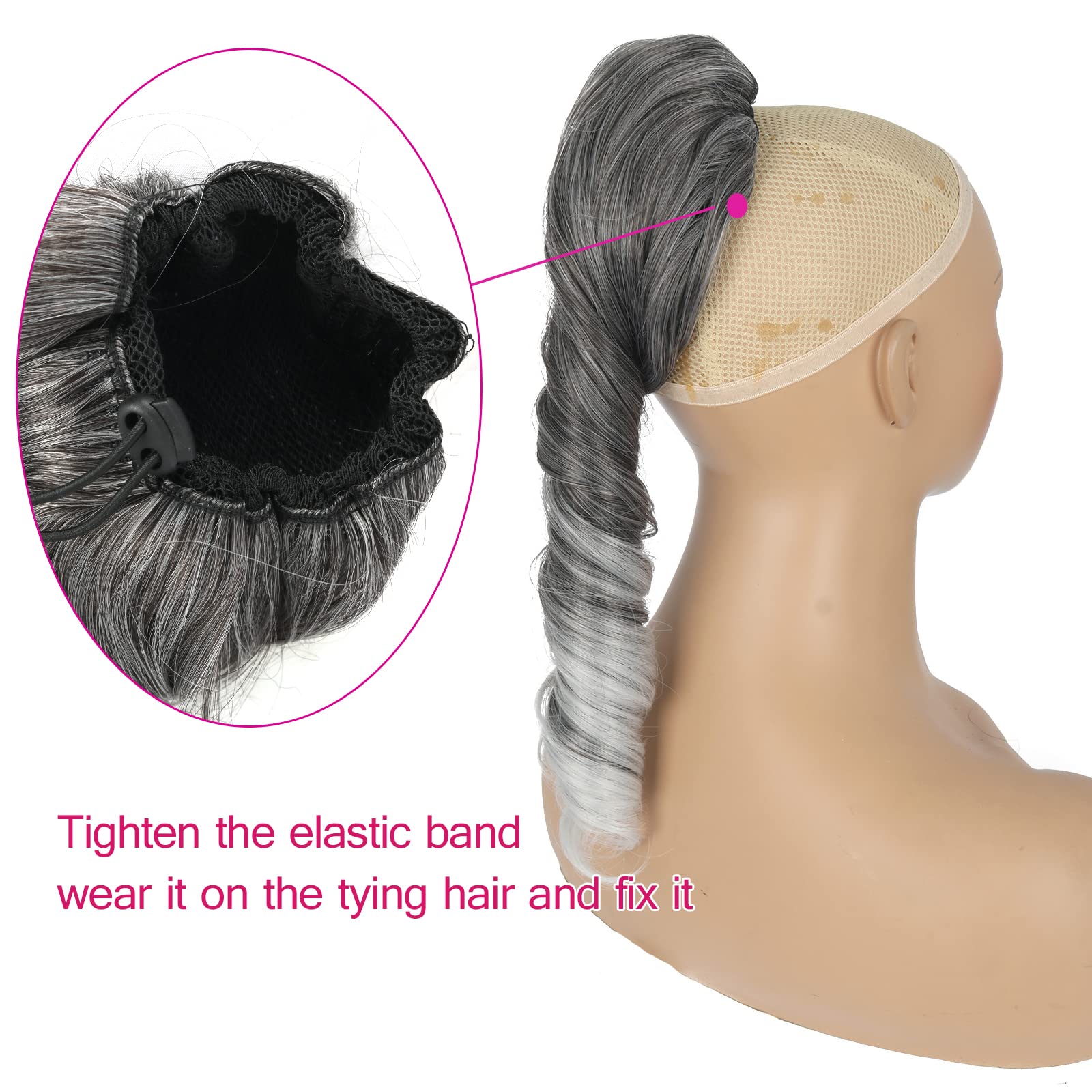 Silver Grey Ponytail Extension For Black Women Synthetic Salt & Pepper Ponytail Spiral Curly Drawstring Pony Tails, Oseti 14Inch