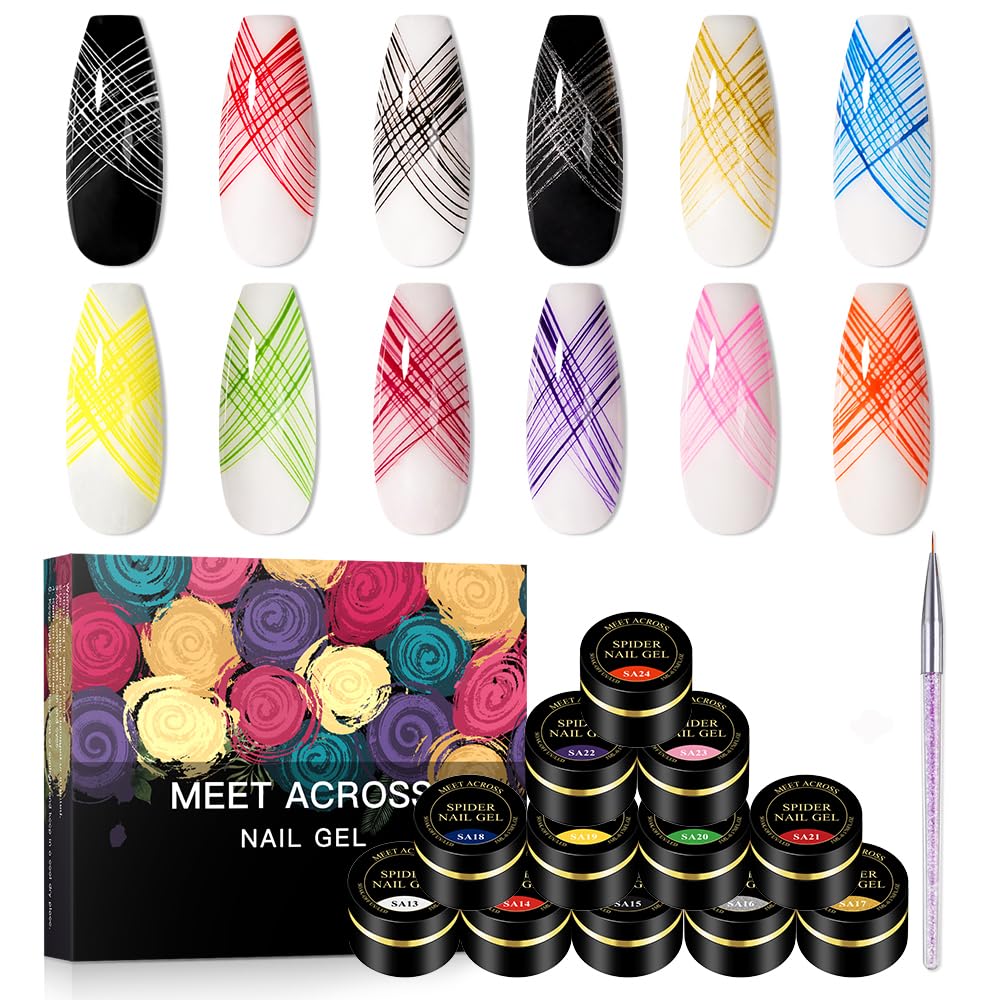12 Colors Spider Gel, Elastic Drawing Spider Gel for Nail Art with Liner Brush, Soak off UV LED Drawing Gel Nail Art Design Gel 