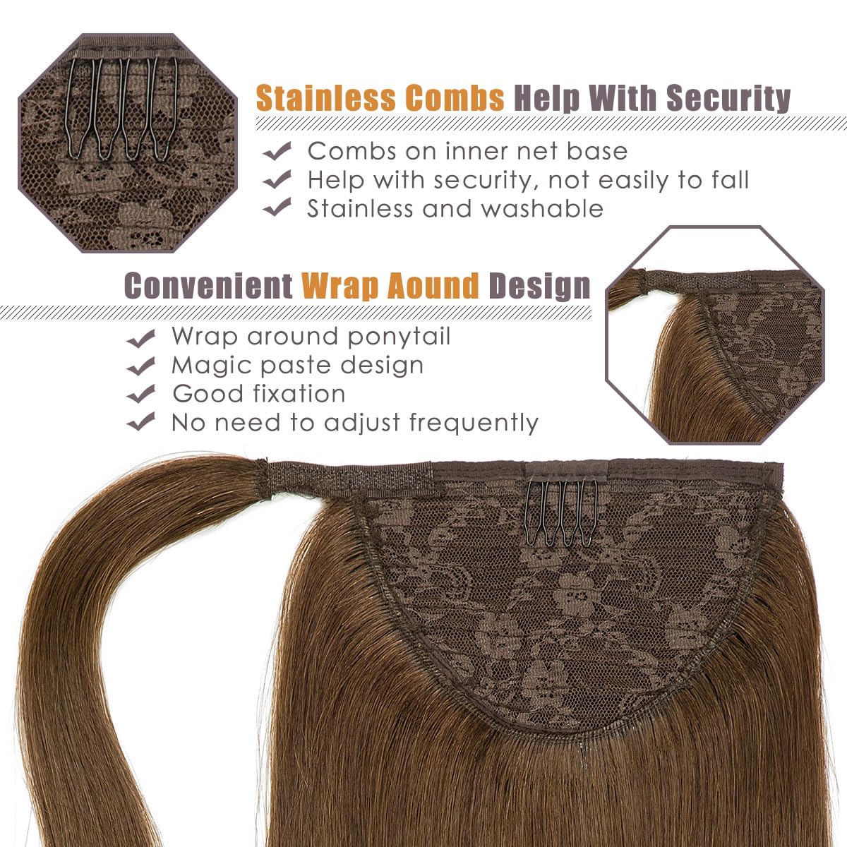 Lacer Brown Ponytail Extension Human Hair 20 Inch Long Natural Human Hair Ponytail Chocolate Brown Pony Tails Extensions Human H