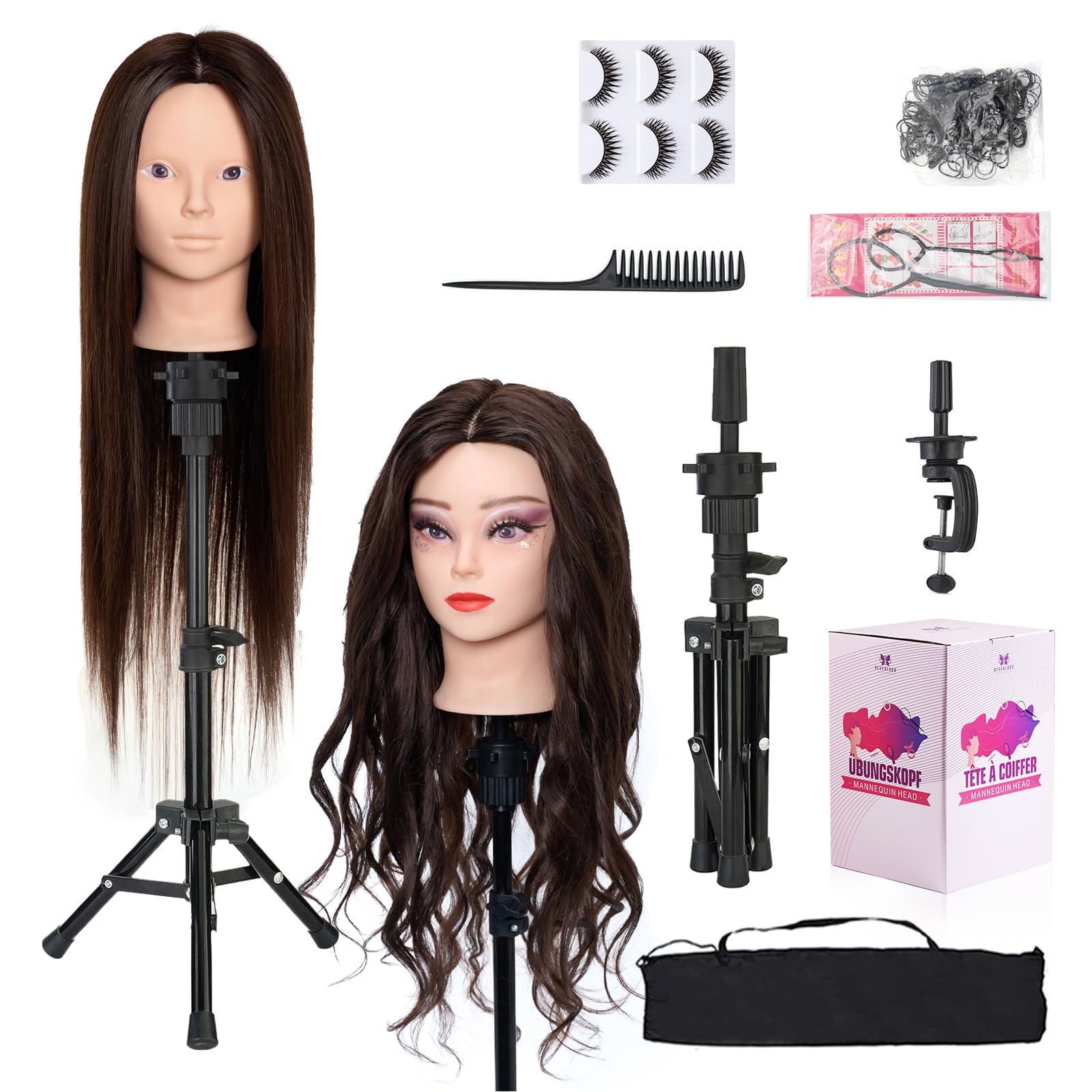 28 Inch Mannequin Head 60% Real Hair with Tripod Stand,Make up Cosmetology Manikin Practice Doll Head with Hair,Braiding Hairdre