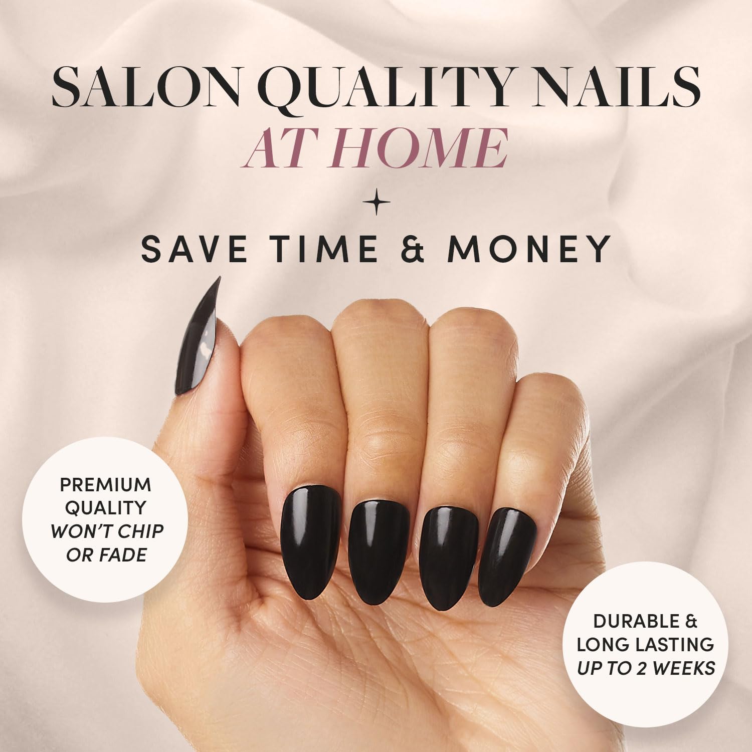 Glamnetic Press On Nails - Boba | Opaque Black Short Almond Nails, Reusable | 12 Sizes - 24 Nail Kit