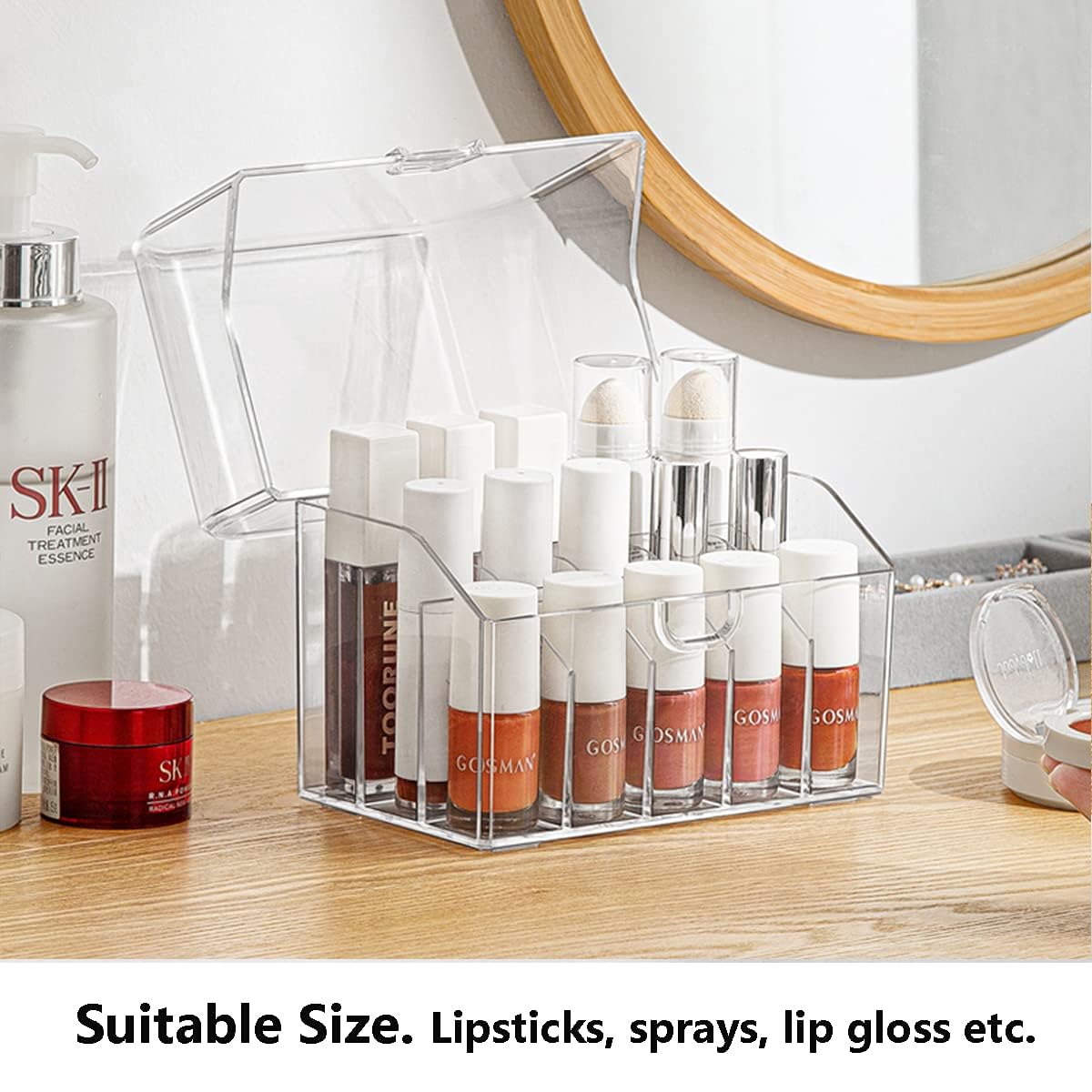 MORNITE Cosmetic Organizer Storage, Lipstick Organizer with Lid, Lipsticks Dresser Holder Box Case Countertop Makeup Tray, Clear