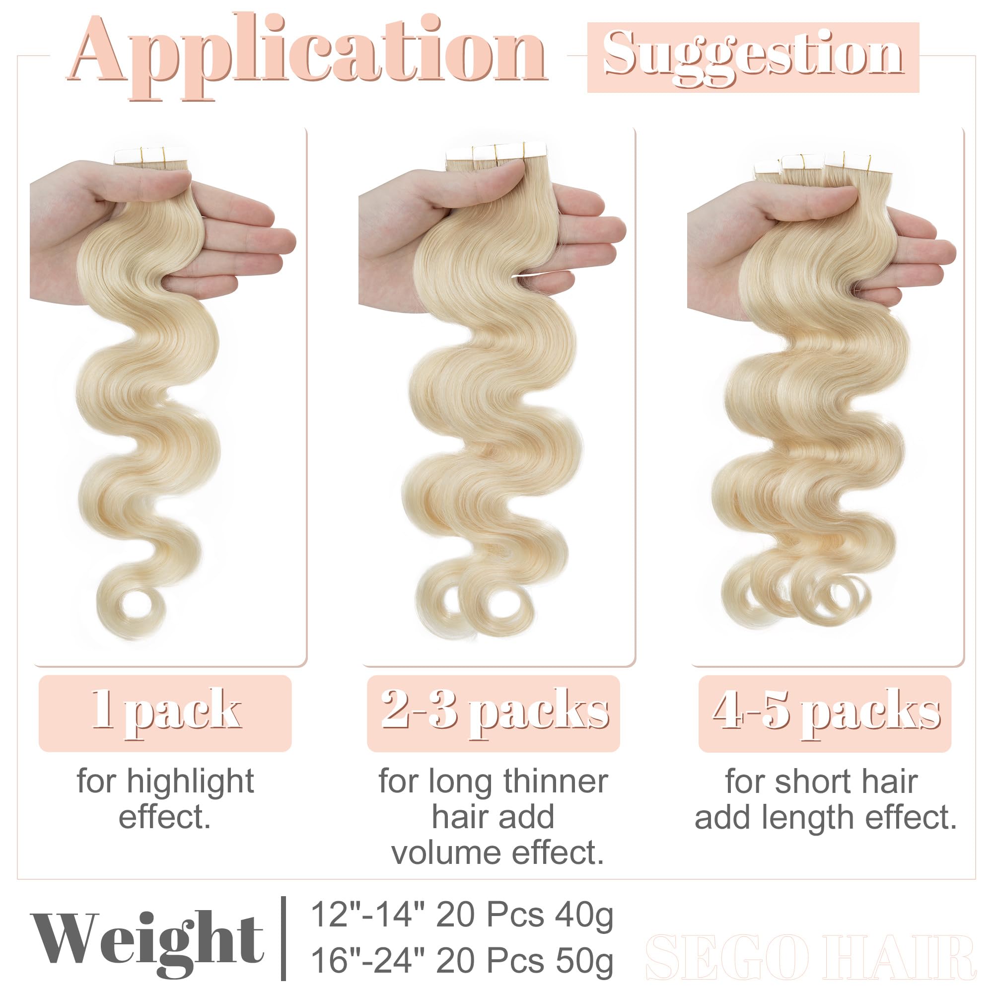 SEGO Tape in Hair Extensions Wavy 18 Inch Natural 100% Remy Human Hair Real Seamless Skin Weft Invisible Rooted Double Sided Tap