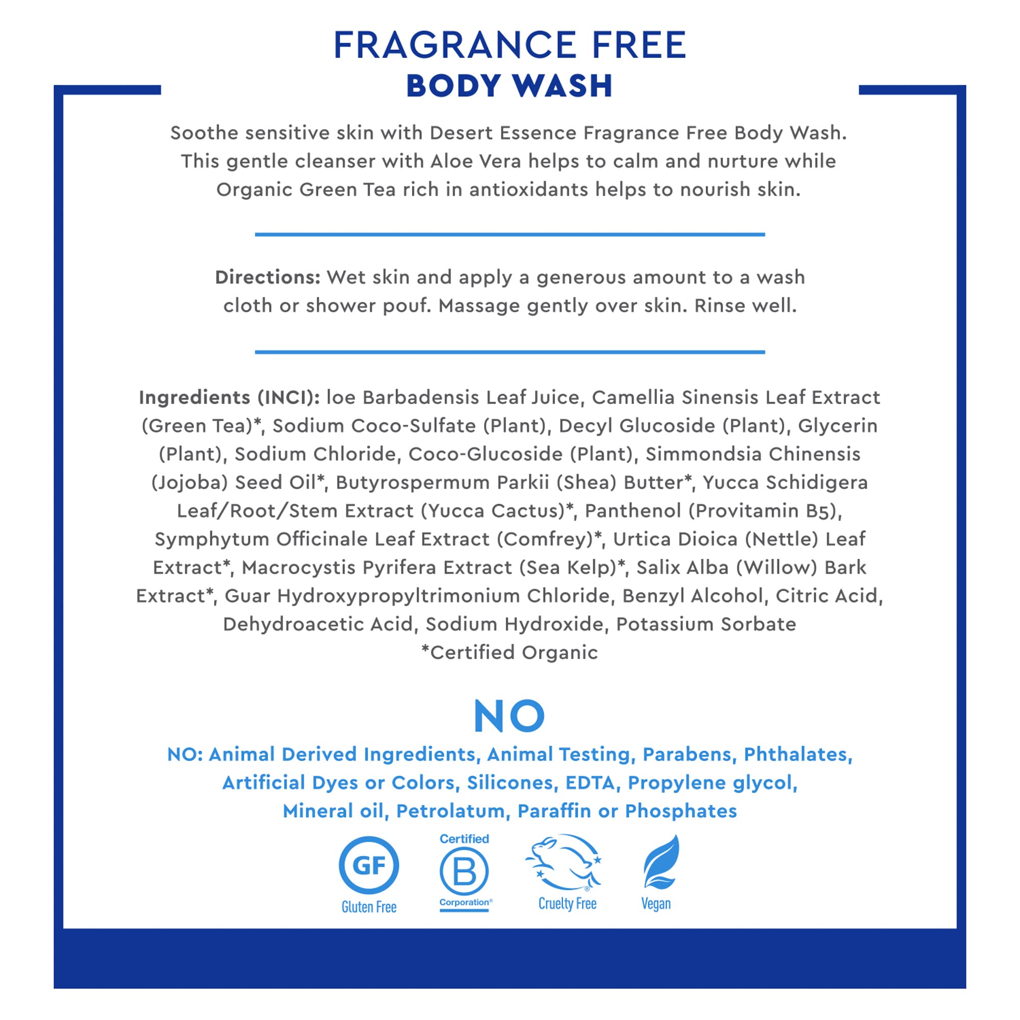 Desert Essence Fragrance Free Body Wash Sensitive Skin-Friendly Plant-Based Cleanser with Organic Aloe, Green Tea & Jojoba Oil -