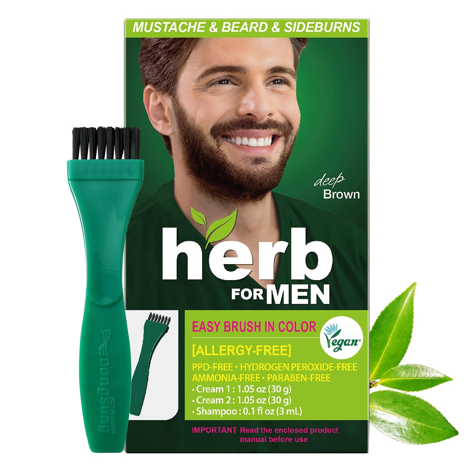 Herb For Men Mustache & Beard Dye (Deep Brown, 1 Pack), PPDFree AmmoniaFree, Vegan with Natural Ingredients, Odorless, Gentle 