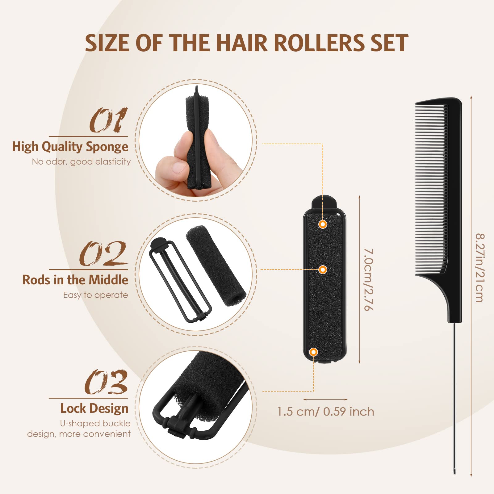 43 Pieces Soft 0.59 Inch Foam Hair Rollers Set With Flexible Sponge Curlers, Stainless Steel Rat Tail Pintail Comb For Hair Styl