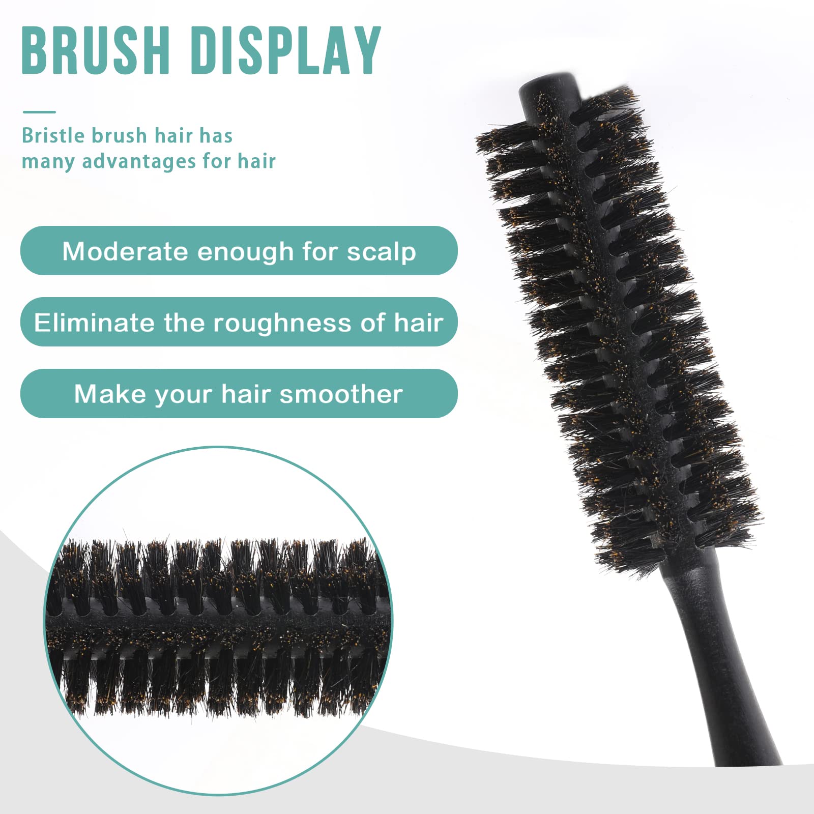 Mozeat Lens Boar Bristle Round Hair Brush, Hair Brush for Women & Men 's Short Fine Hair, Beard, Natural Wooden Handle, Travel S