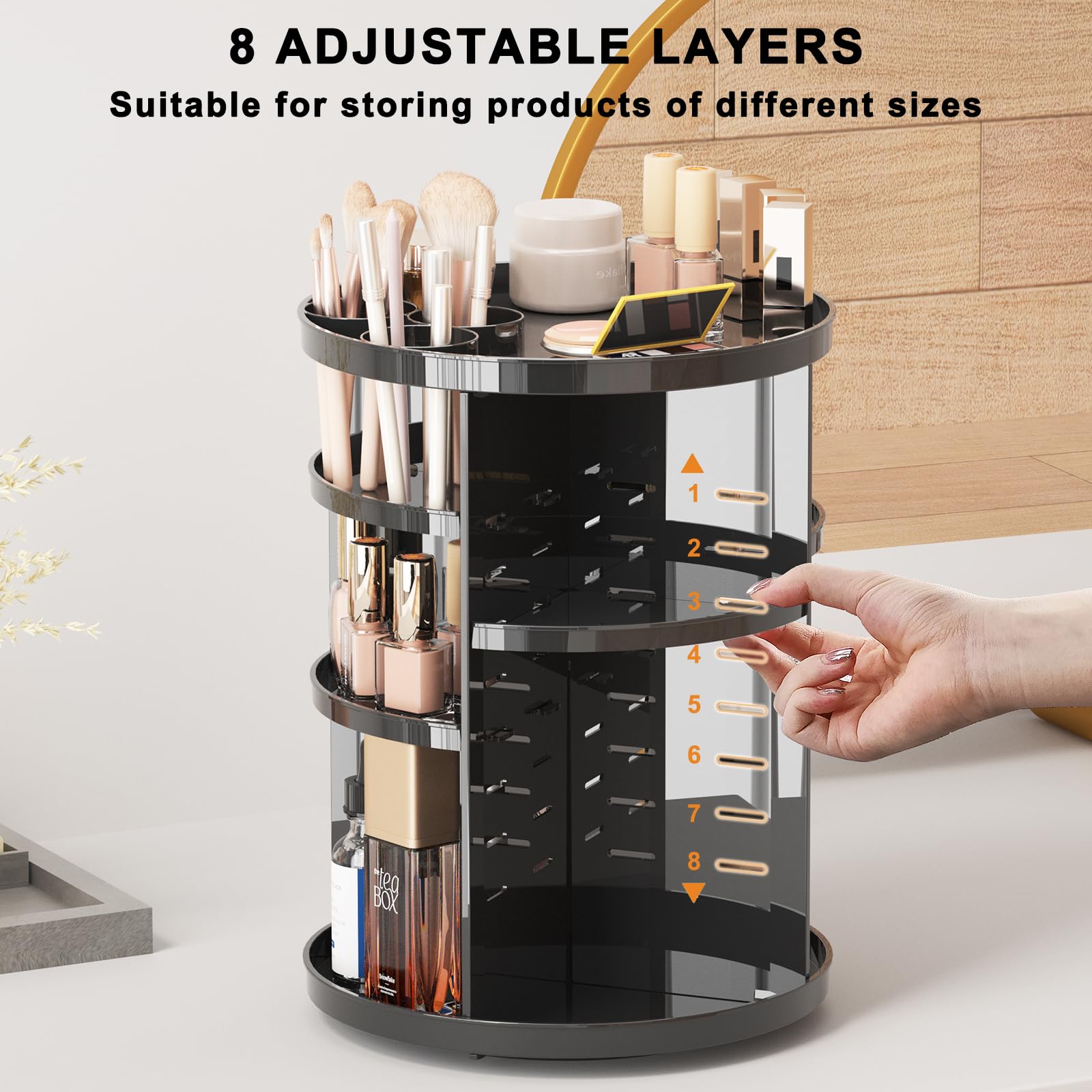 Jiavarry Rotating Makeup Organizer For Vanity, 360 Spinning Skincare Organizers With Adjustable Trays, Make Up Desk Storage Caro