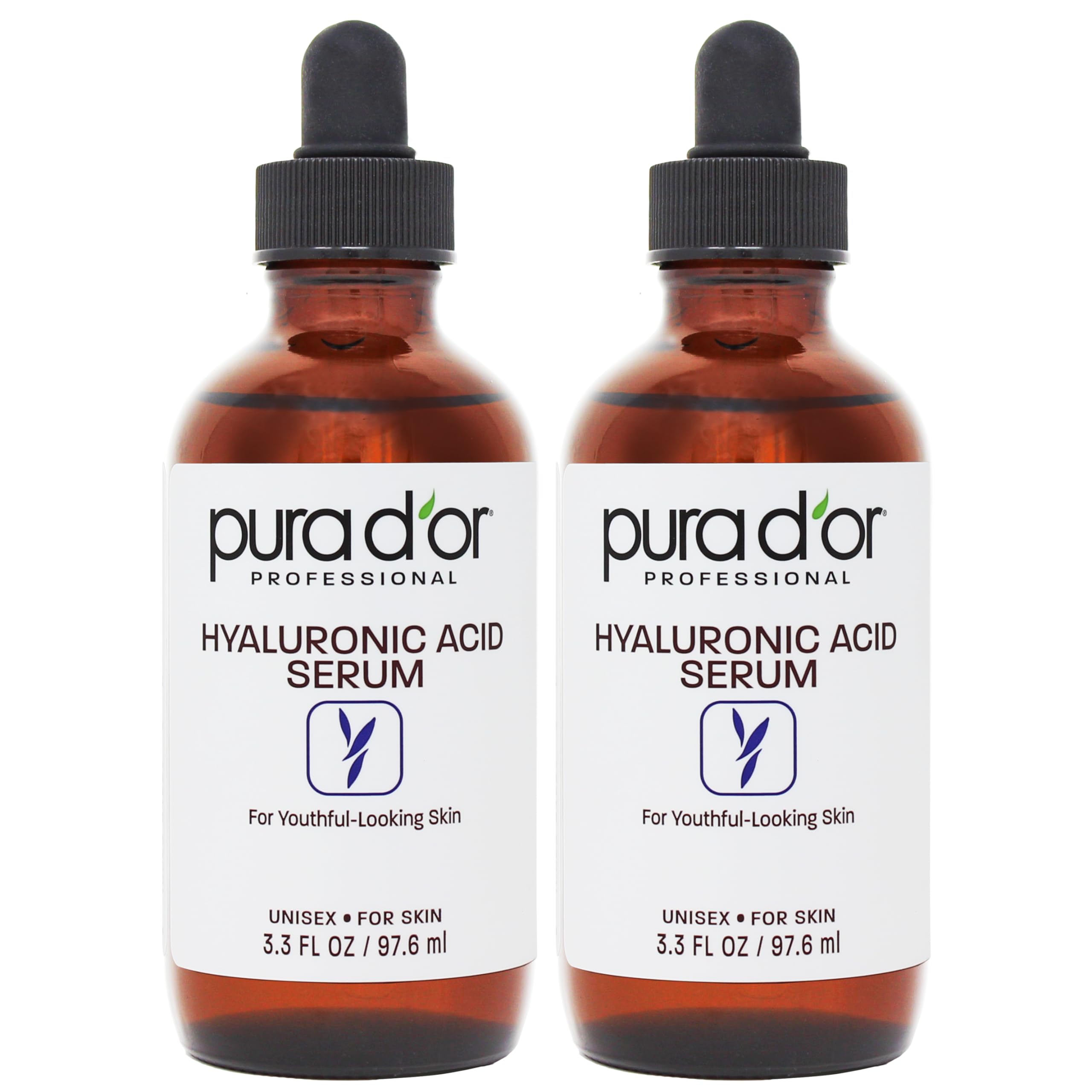 PURA D'OR Hyaluronic Acid Serum For Deep Hydration (3.3oz x2 = 6.6oz) Anti-Aging, Plumping & Moisturizing Formula For Smooth, Su