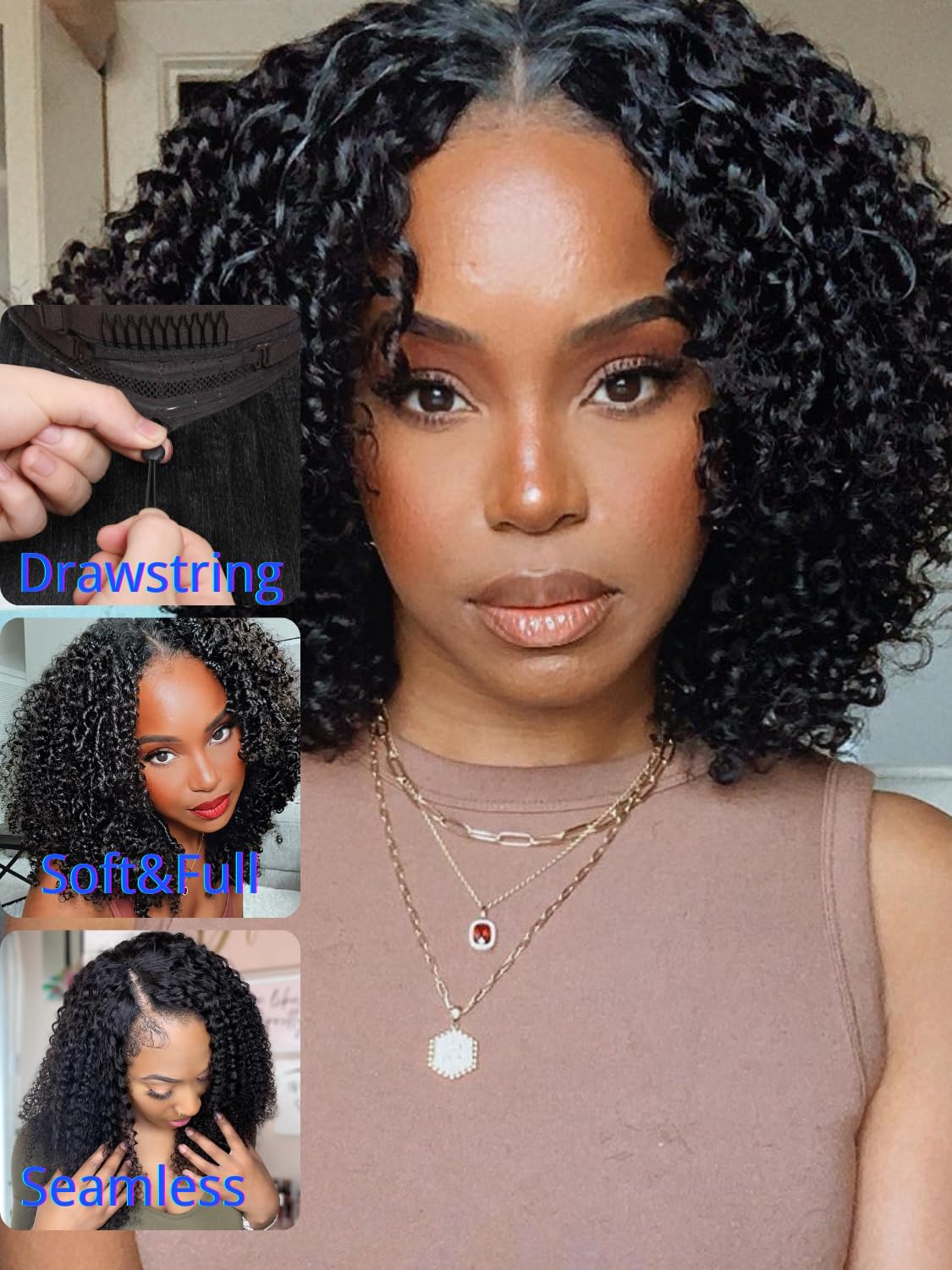Nadula Easicontour V Part Kinky Curly Wigs Human Hair No Leave Out Clip In V-Part Wig,10A Glueless Upgrade U Part Human Hair Wig
