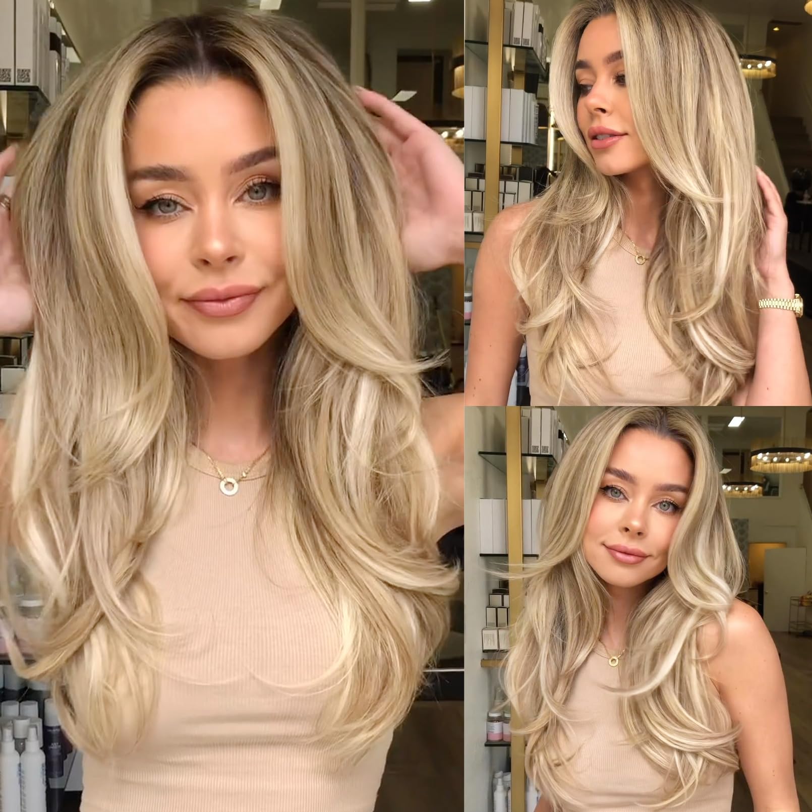 Lonai Blonde Wigs For Women 24'' Long Natural Blonde Middle Part Layered Wig Synthetic Hair Wig For Daily Use Party Cosplay